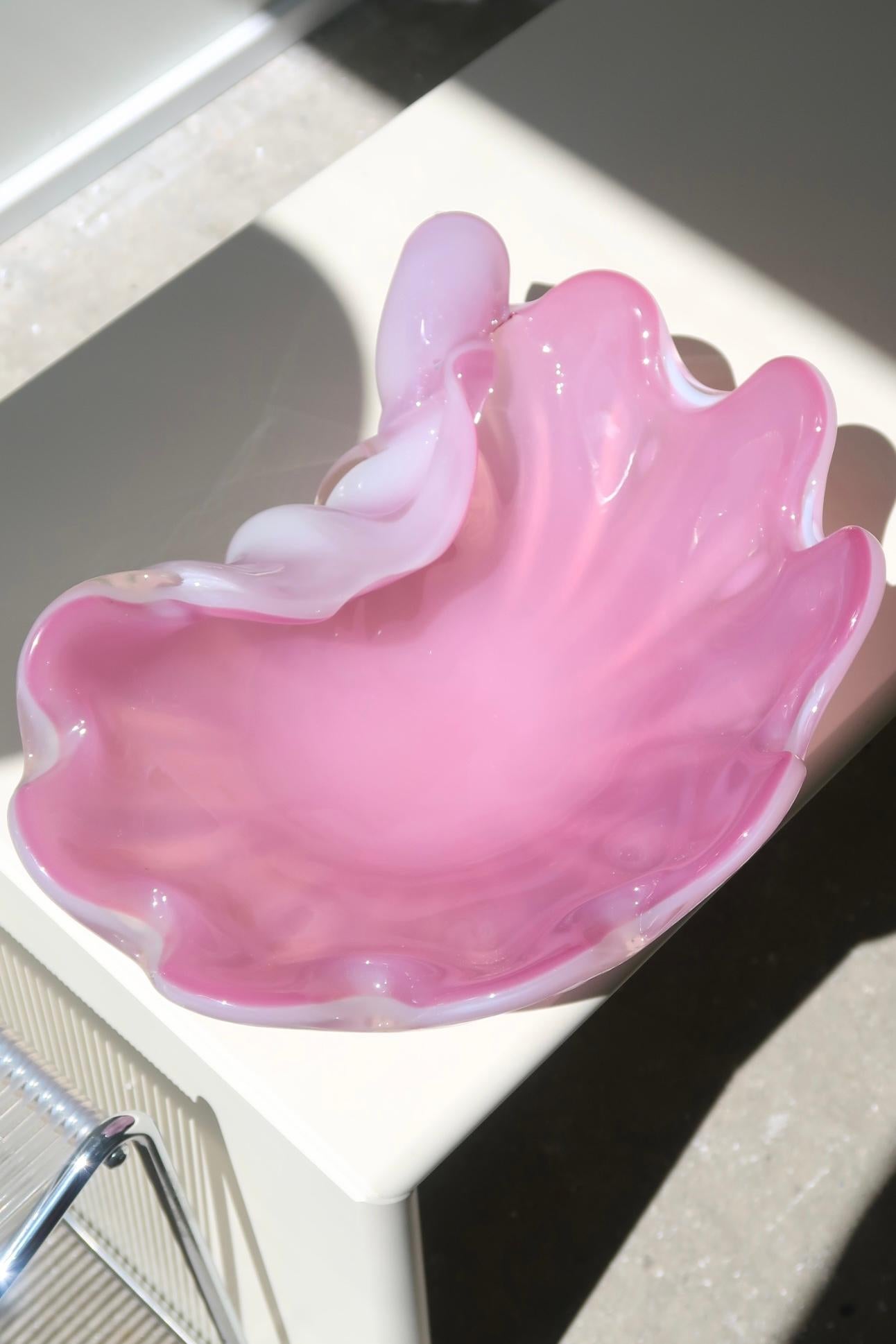 Murano Glass Huge Vintage Italian Murano 1960 Bubble Gum Pink Alabastro Shell Glass Bowl For Sale