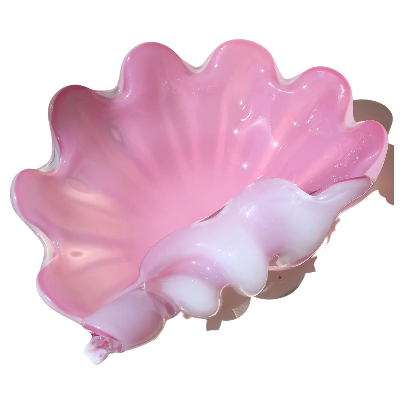 Huge Vintage Italian Murano 1960 Bubble Gum Pink Alabastro Shell Glass Bowl