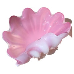 Riesige Vintage Italian Glass Murano 1960 Bubble Gum Rosa Alabastro Shell Glasschale