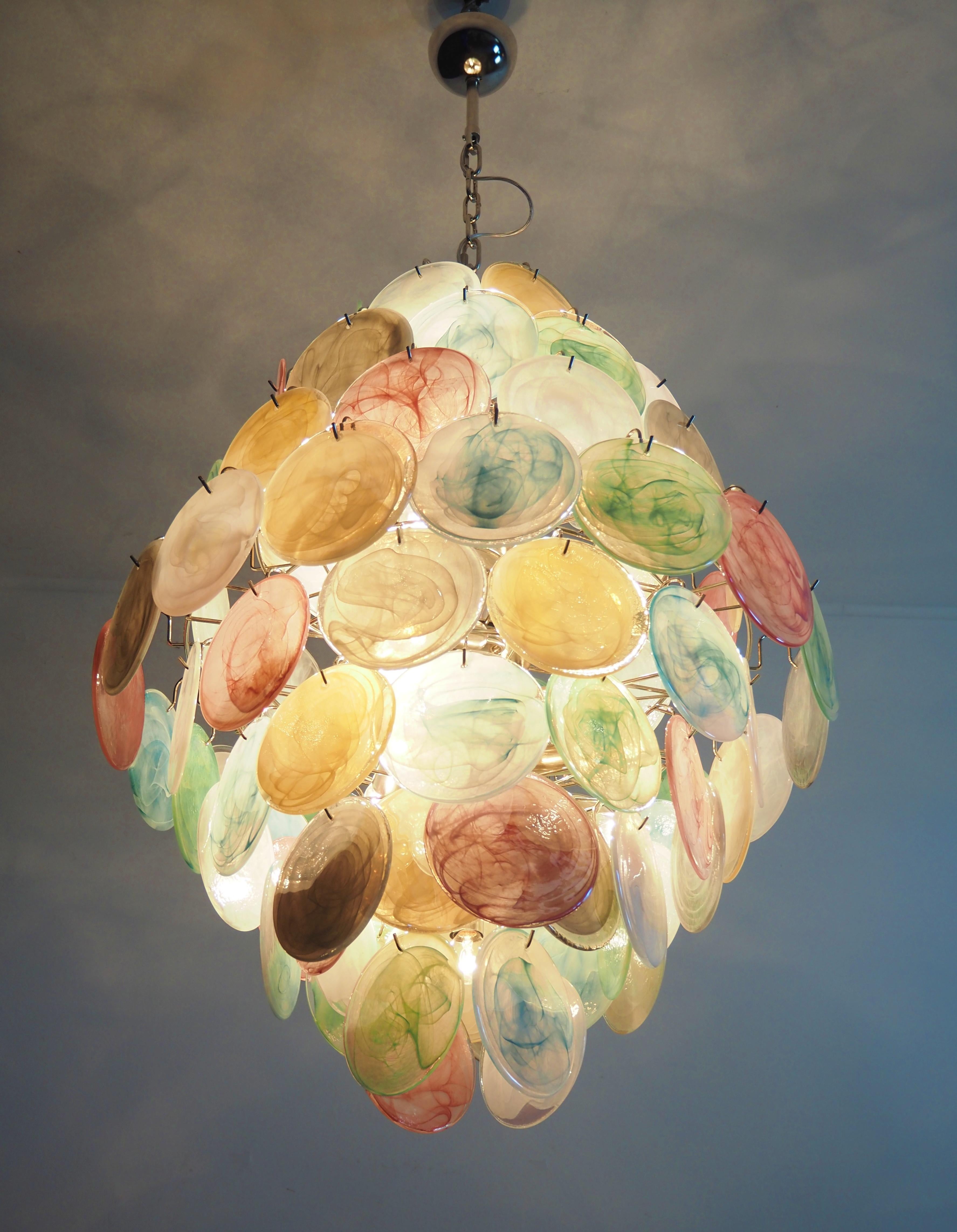 Huge Vintage Italian Murano Chandelier, 87 Alabaster Multicolored Disks 6