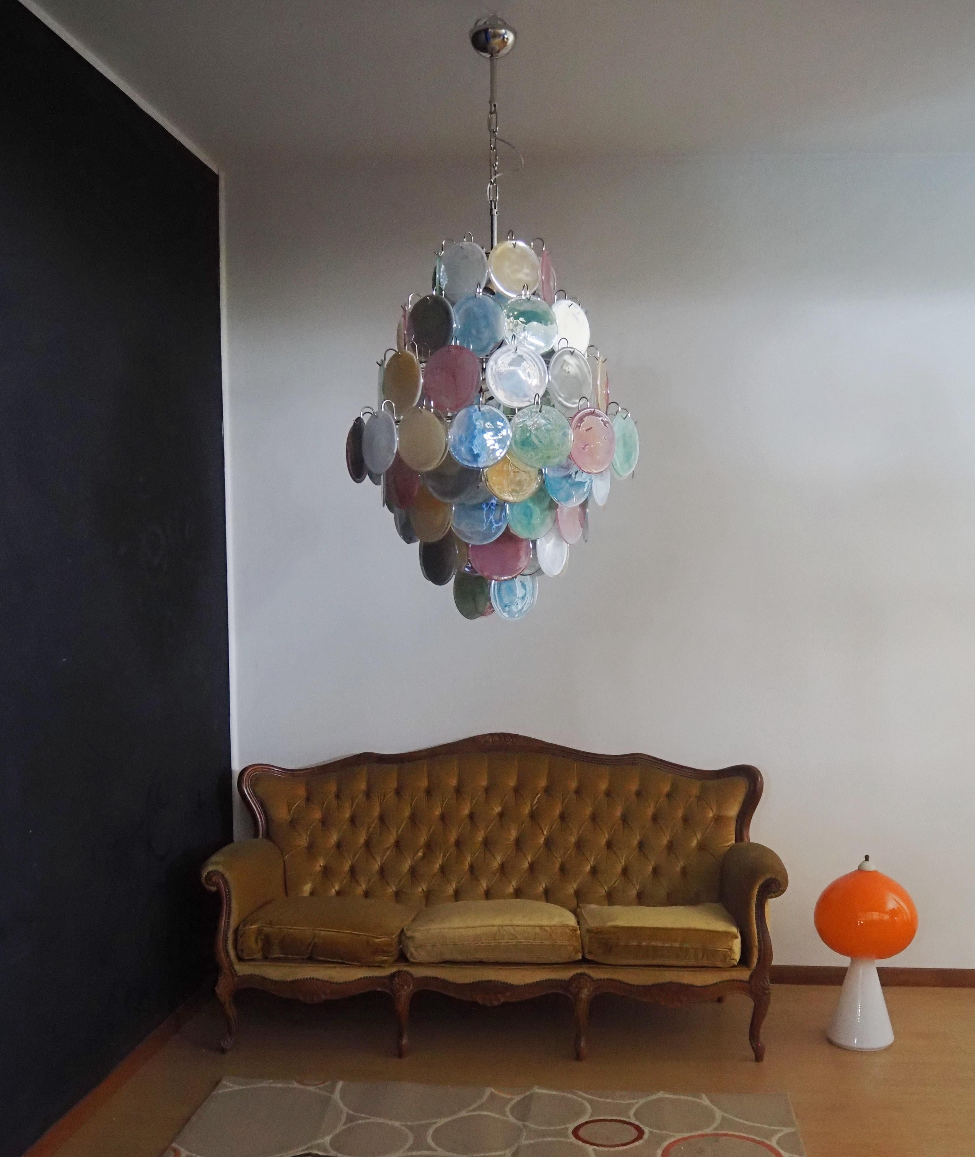 Galvanized Huge Vintage Italian Murano Chandelier, 87 Alabaster Multicolored Disks