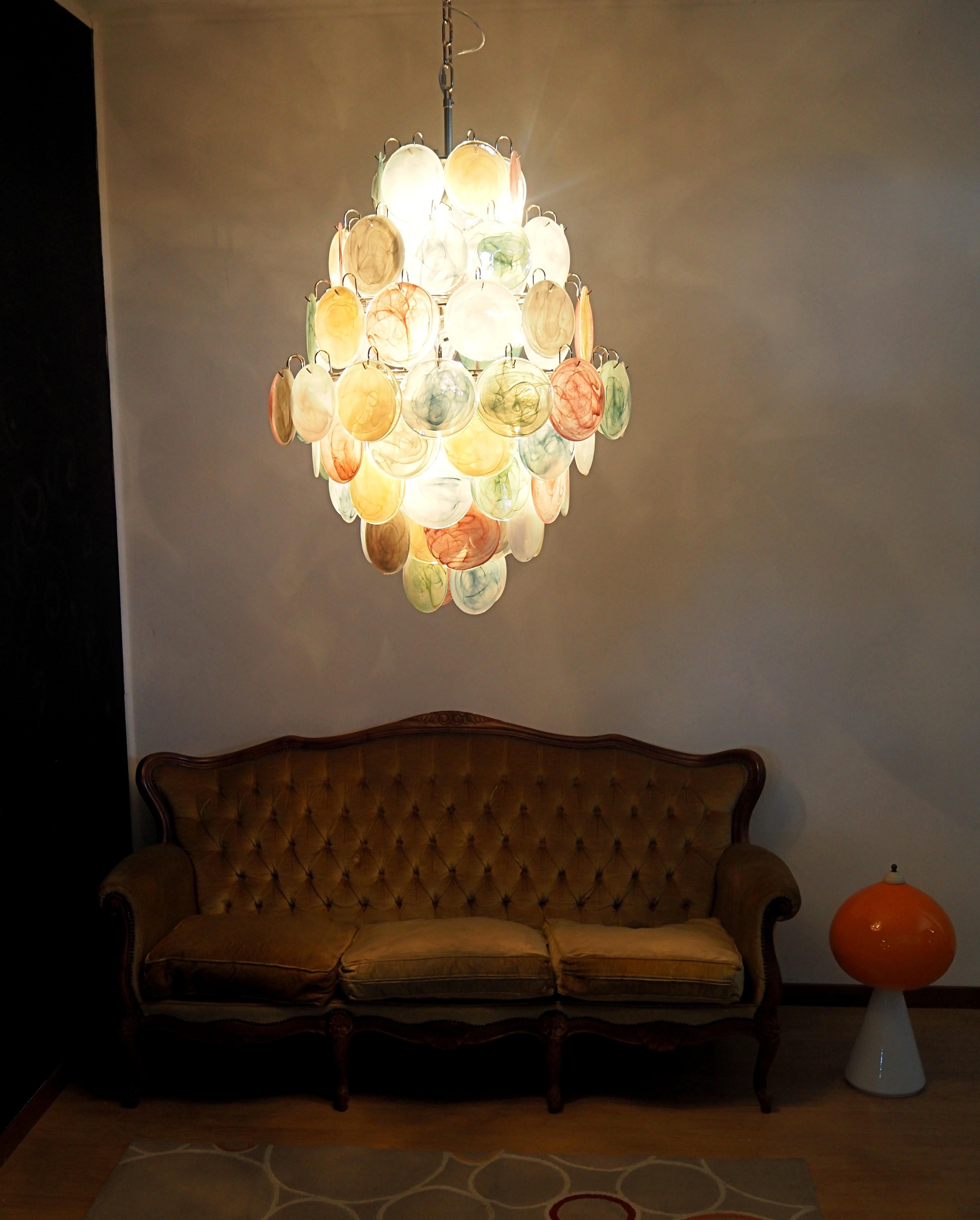 20th Century Huge Vintage Italian Murano Chandelier, 87 Alabaster Multicolored Disks