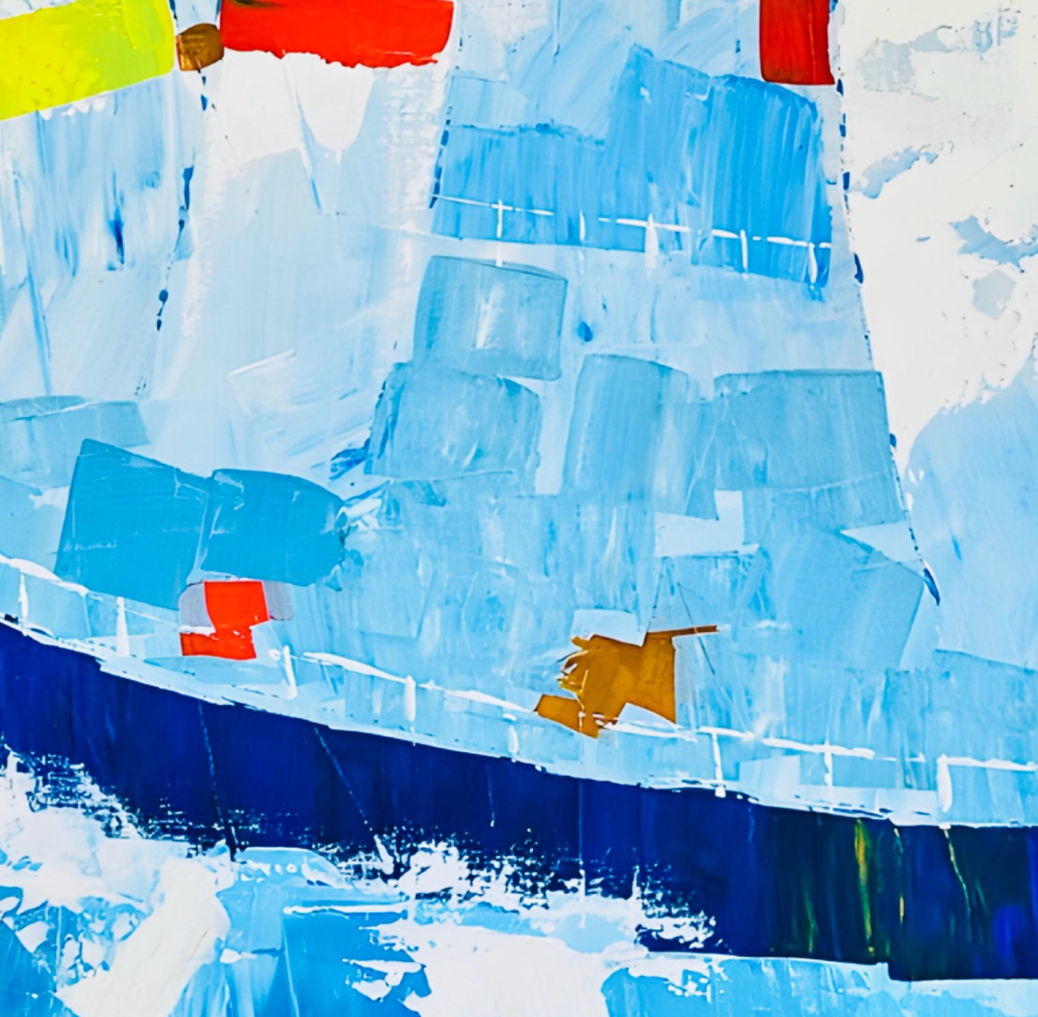 Huge Vintage Kyung Kim MCM Abstract Cubist Sailboat Racing Nautical Oil Painting im Angebot 1