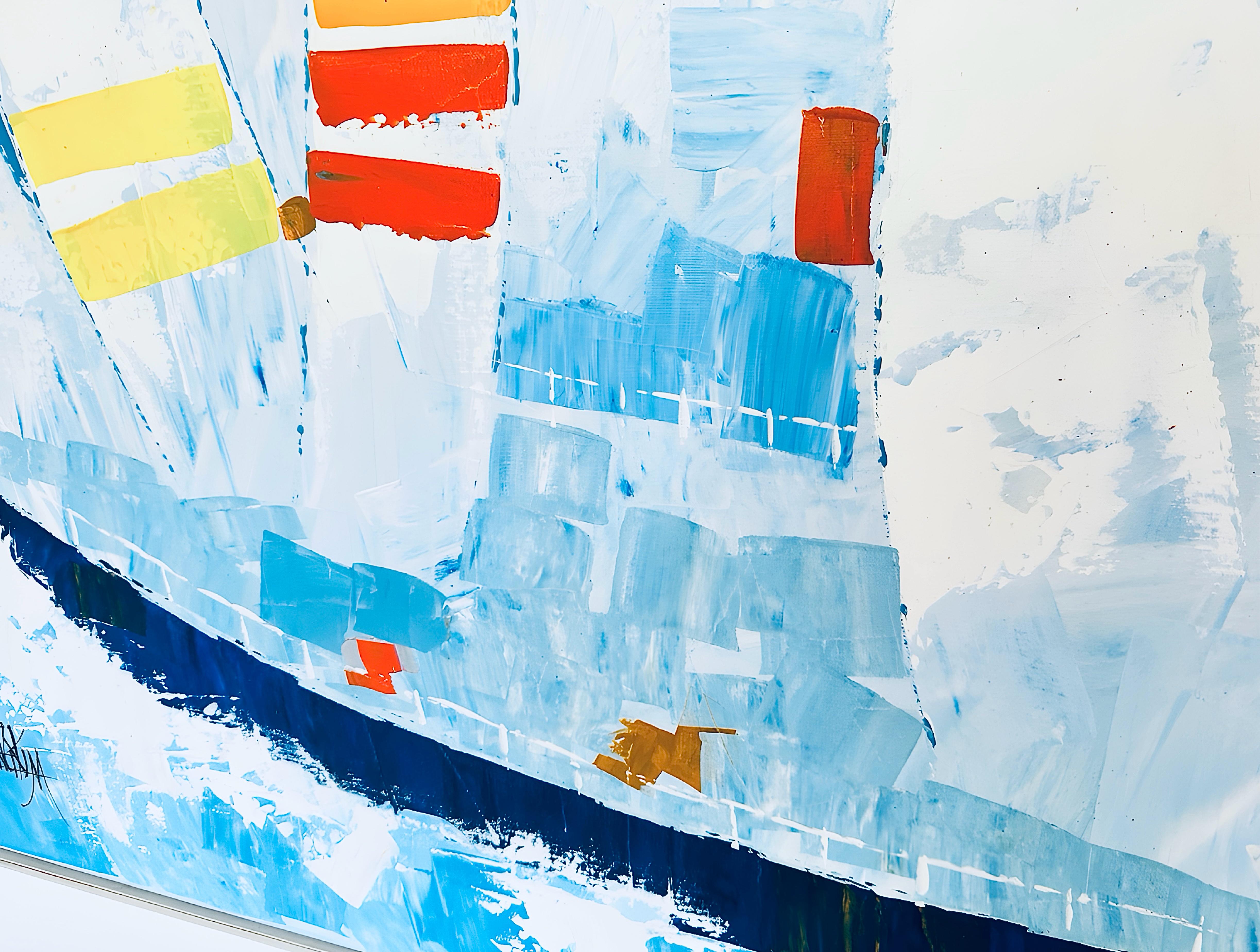 Huge Vintage Kyung Kim MCM Abstract Cubist Sailboat Racing Nautical Oil Painting im Angebot 2