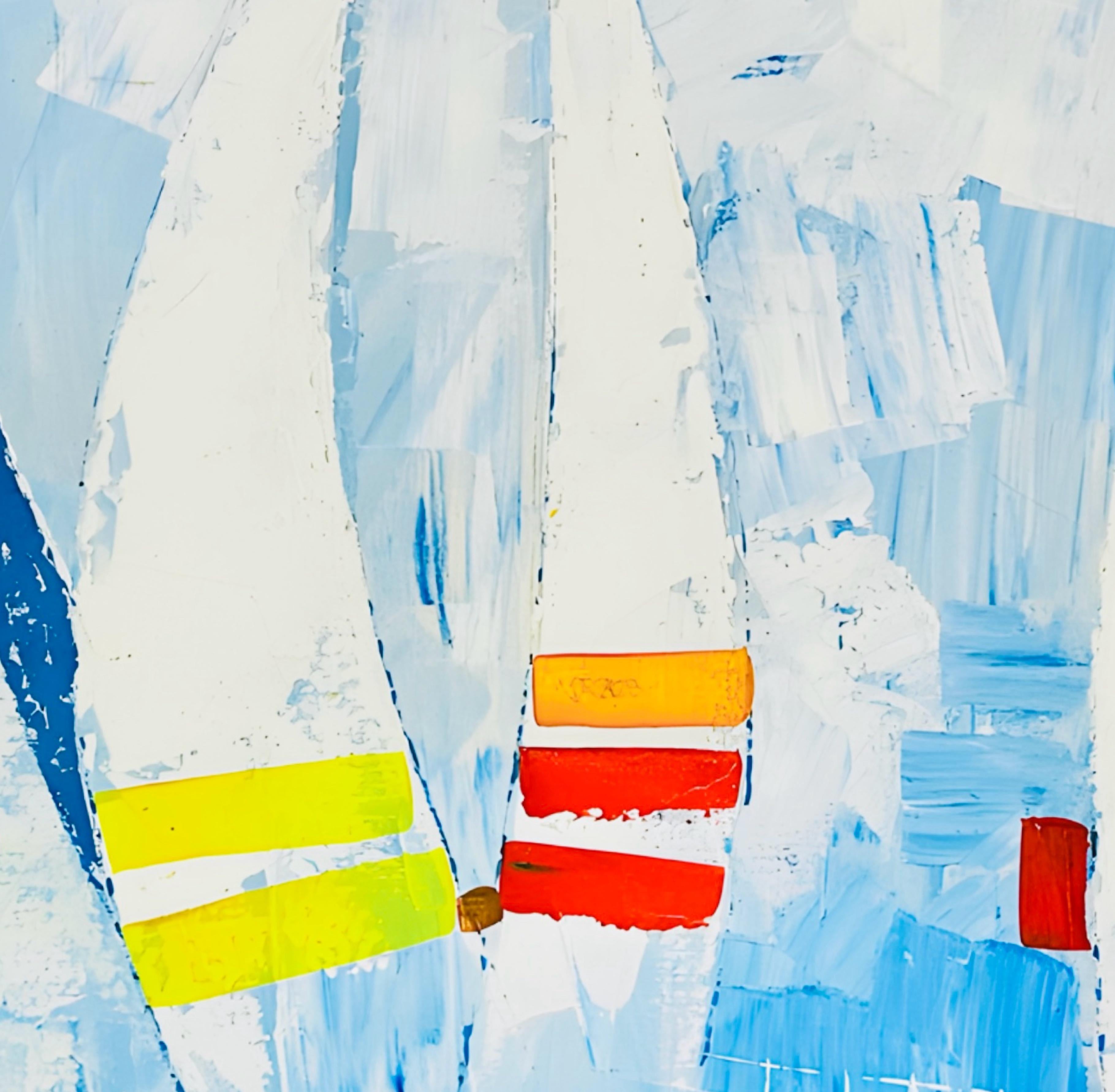 Huge Vintage Kyung Kim MCM Abstract Cubist Sailboat Racing Nautical Oil Painting im Angebot 5