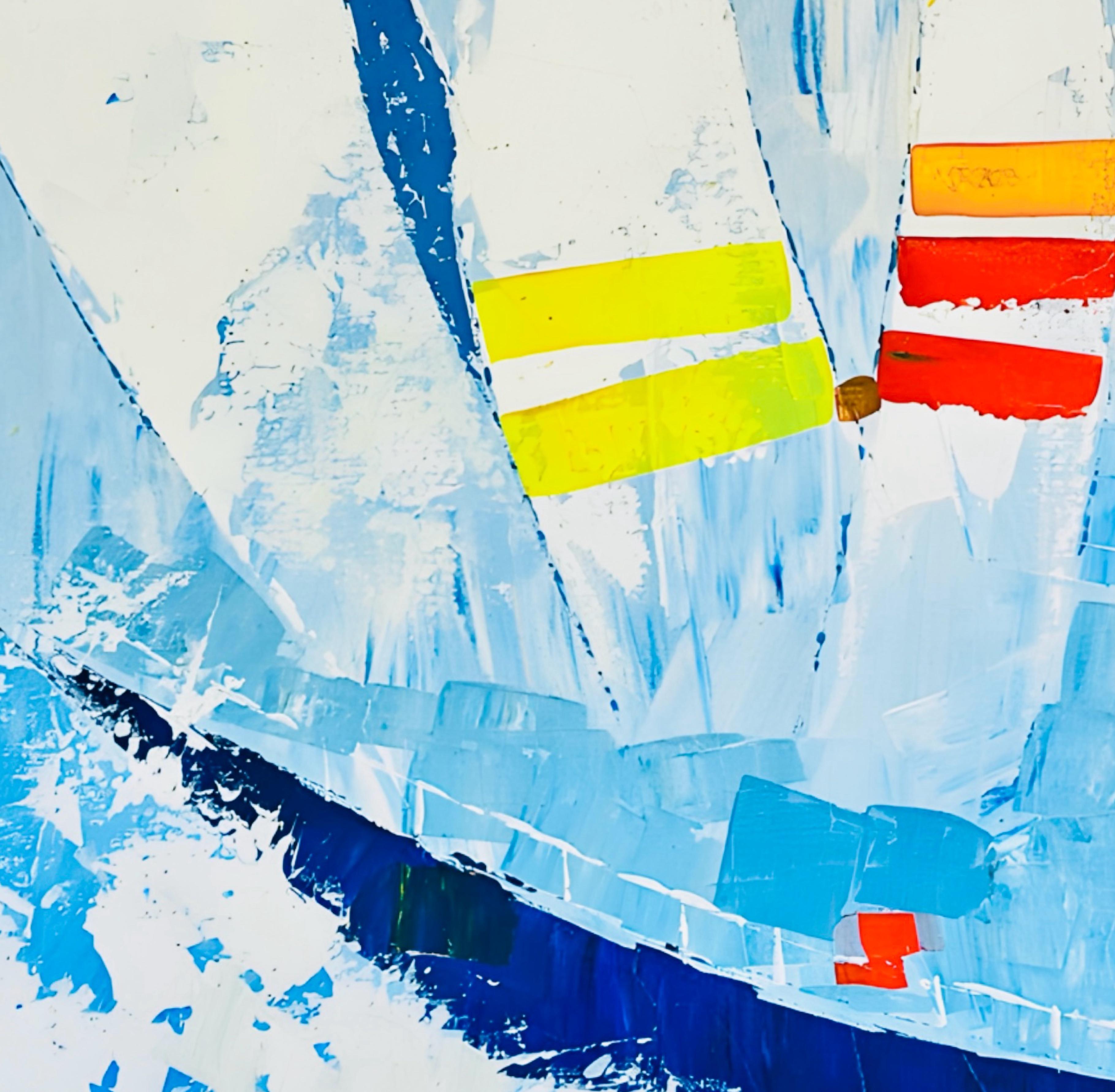 Huge Vintage Kyung Kim MCM Abstract Cubist Sailboat Racing Nautical Oil Painting im Angebot 6