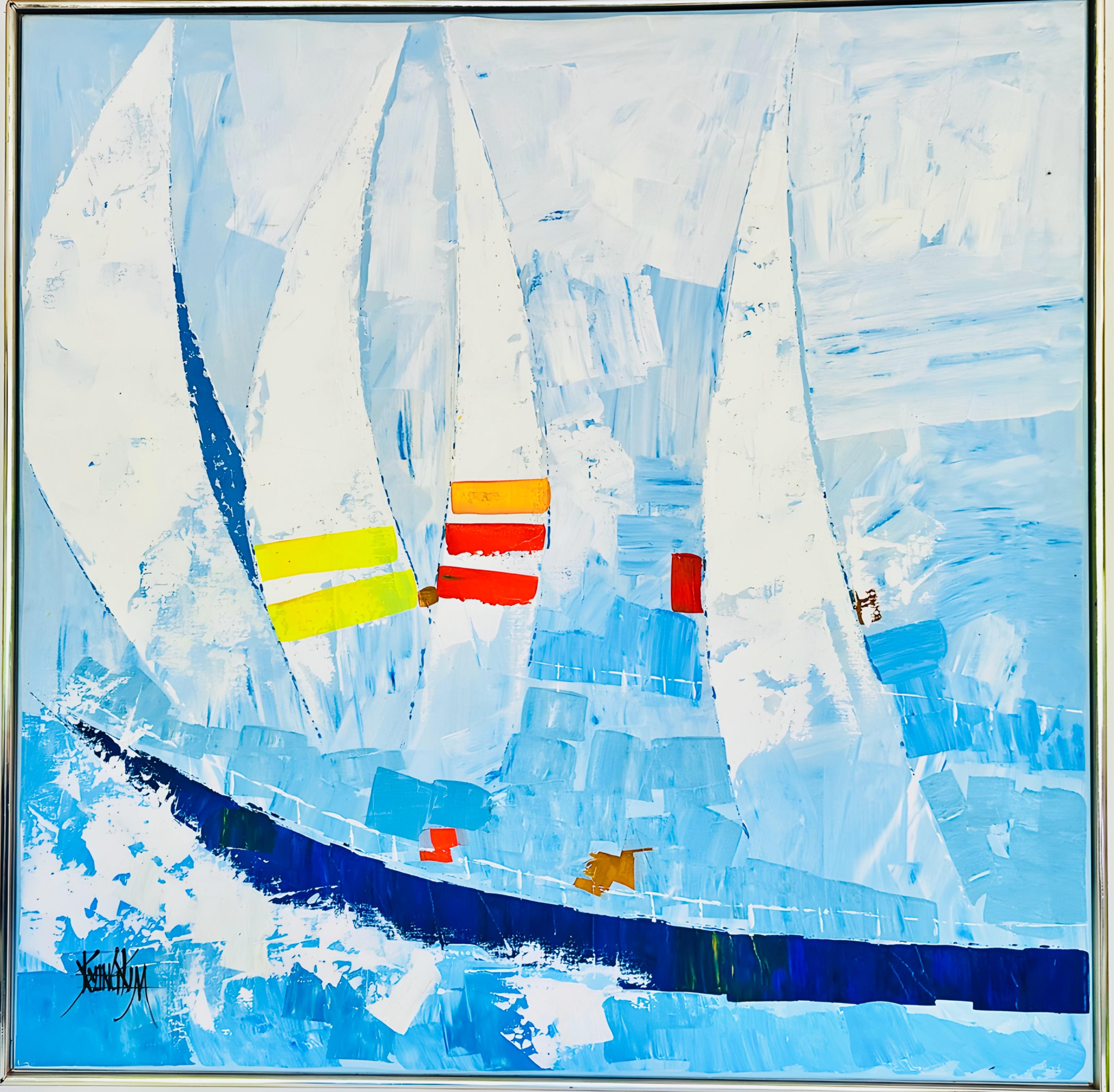 Huge Vintage Kyung Kim MCM Abstract Cubist Sailboat Racing Nautical Oil Painting im Angebot 11