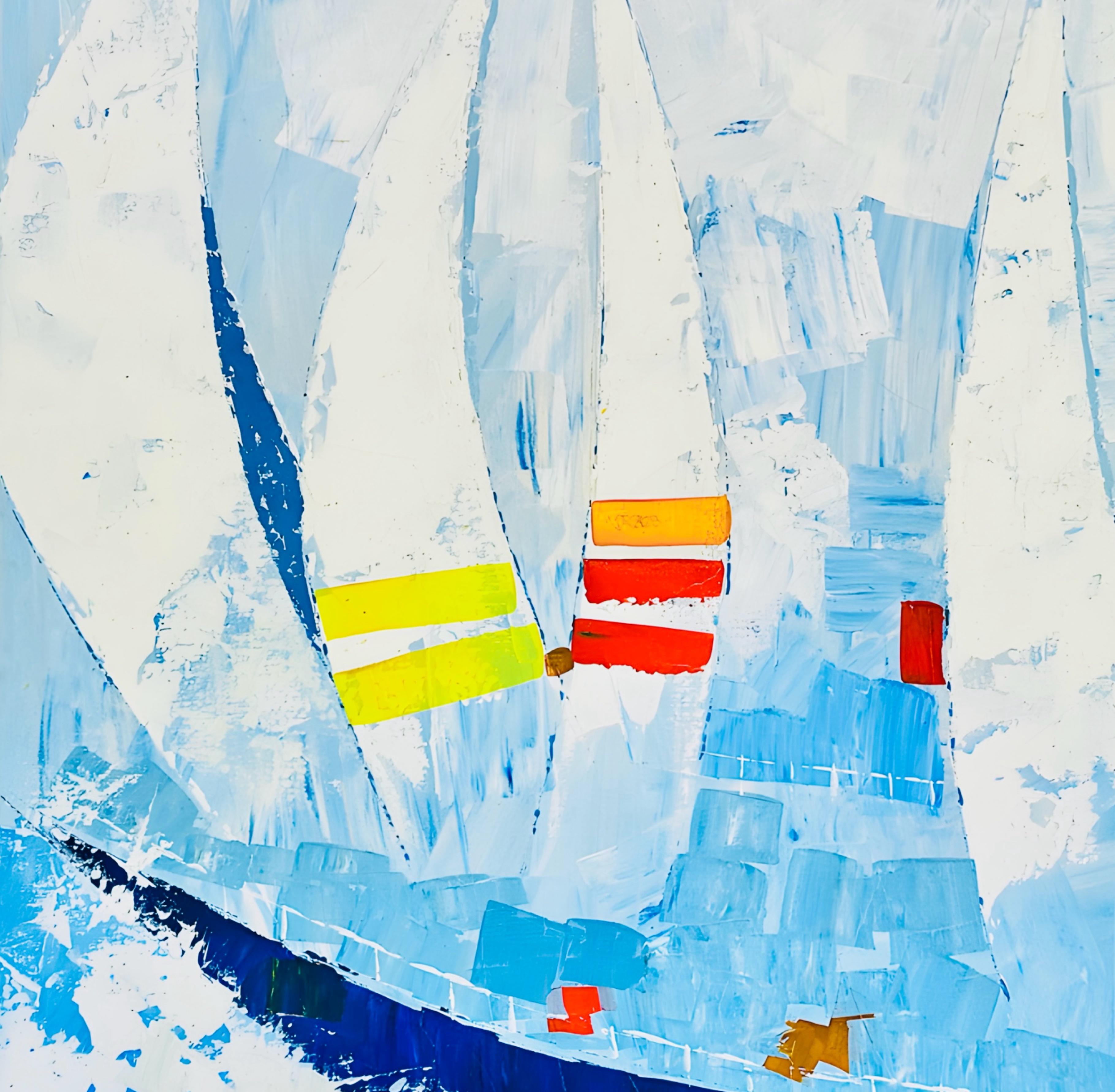 Rare Huge Kyung Kim Mid Century Modern Abstract Cubist Nautical Oil Painting of Racing  Sailboat Yacht Schooner  

A fantastic and exhilarating, action packed-moment, captured on canvas by Korean award winning artist, Kim Kyung 

The two masted