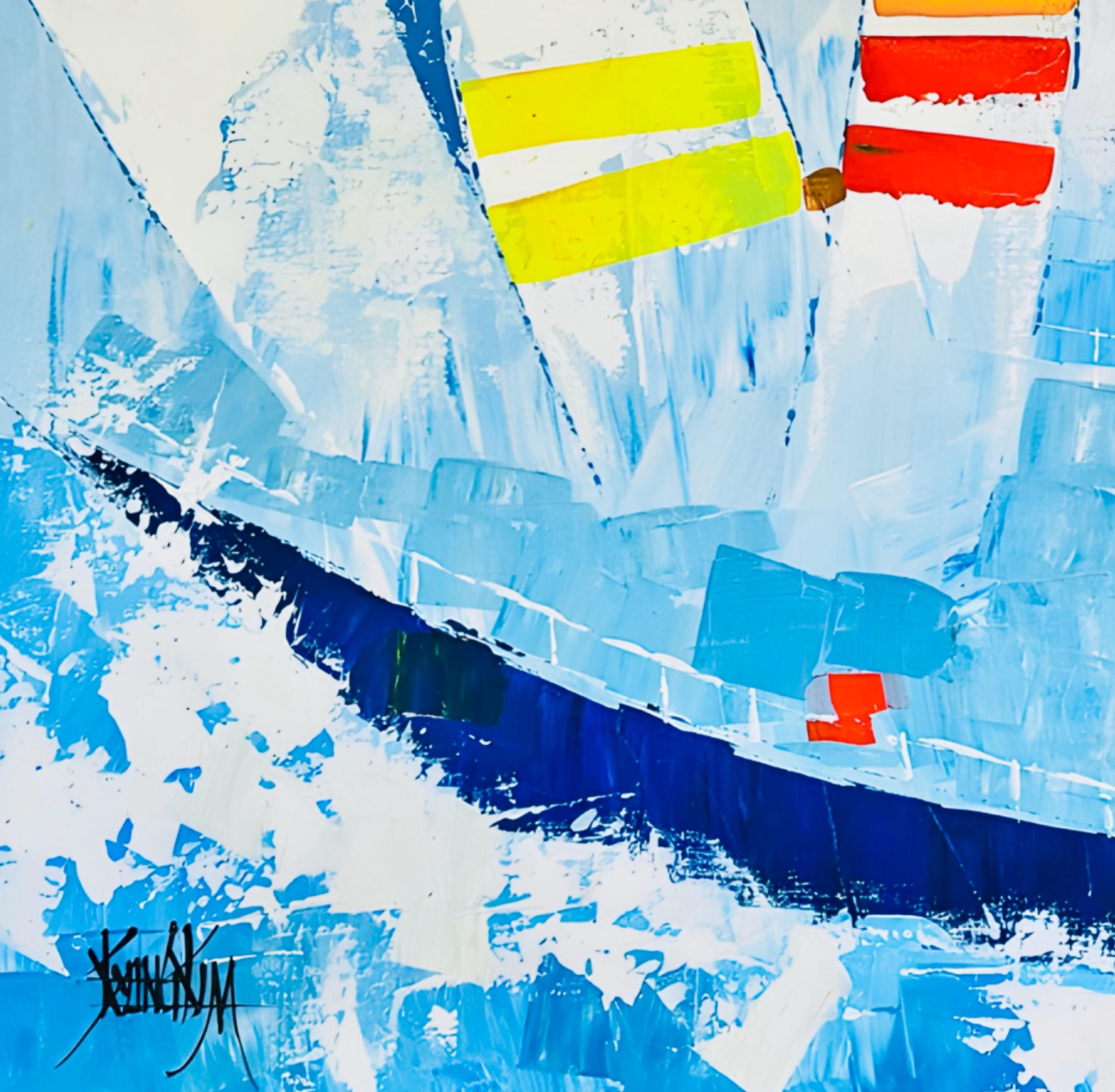 Huge Vintage Kyung Kim MCM Abstract Cubist Sailboat Racing Nautical Oil Painting (Moderne der Mitte des Jahrhunderts) im Angebot