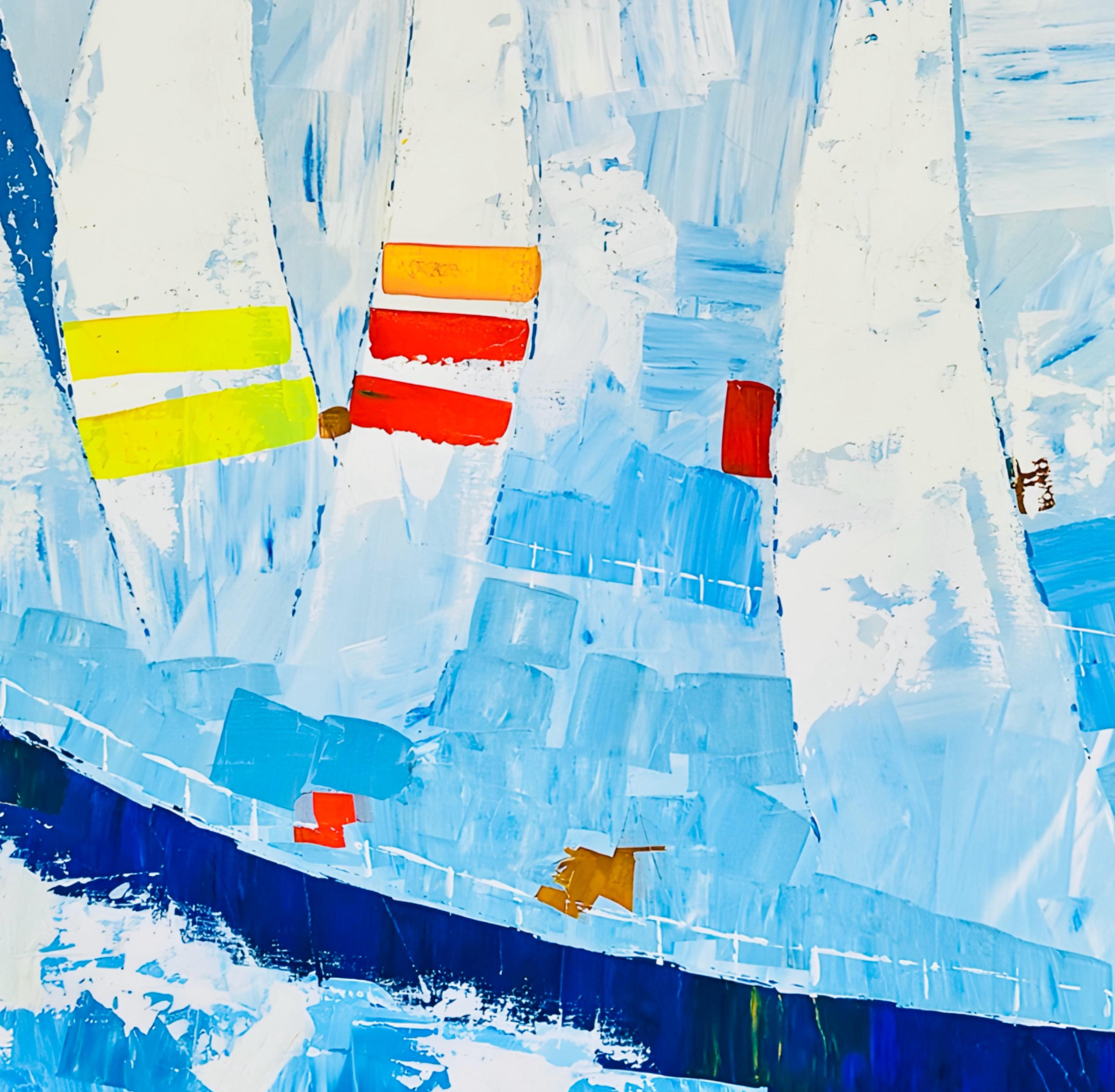 Huge Vintage Kyung Kim MCM Abstract Cubist Sailboat Racing Nautical Oil Painting (Handbemalt) im Angebot