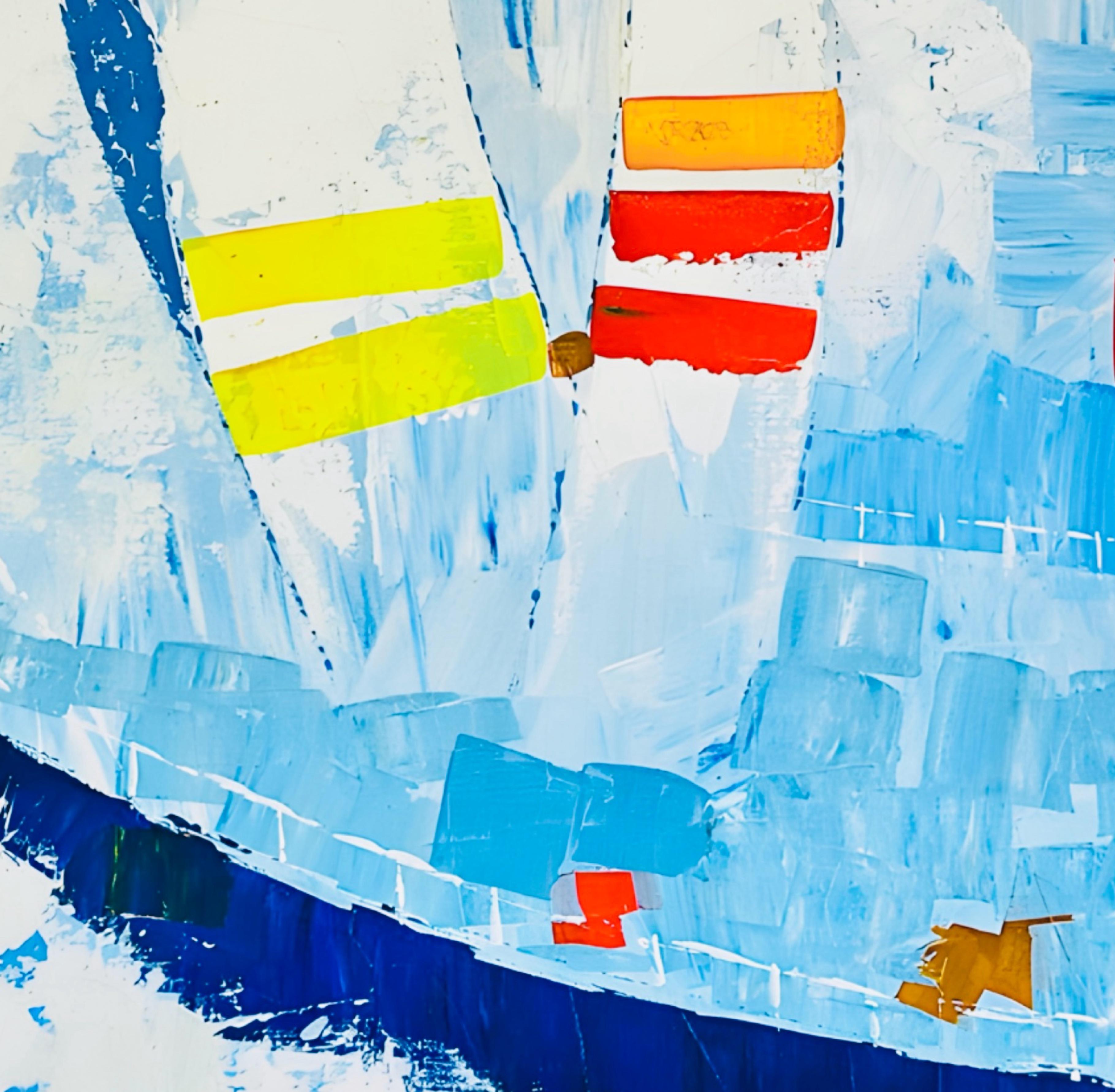 Huge Vintage Kyung Kim MCM Abstract Cubist Sailboat Racing Nautical Oil Painting im Zustand „Gut“ im Angebot in St.Petersburg, FL