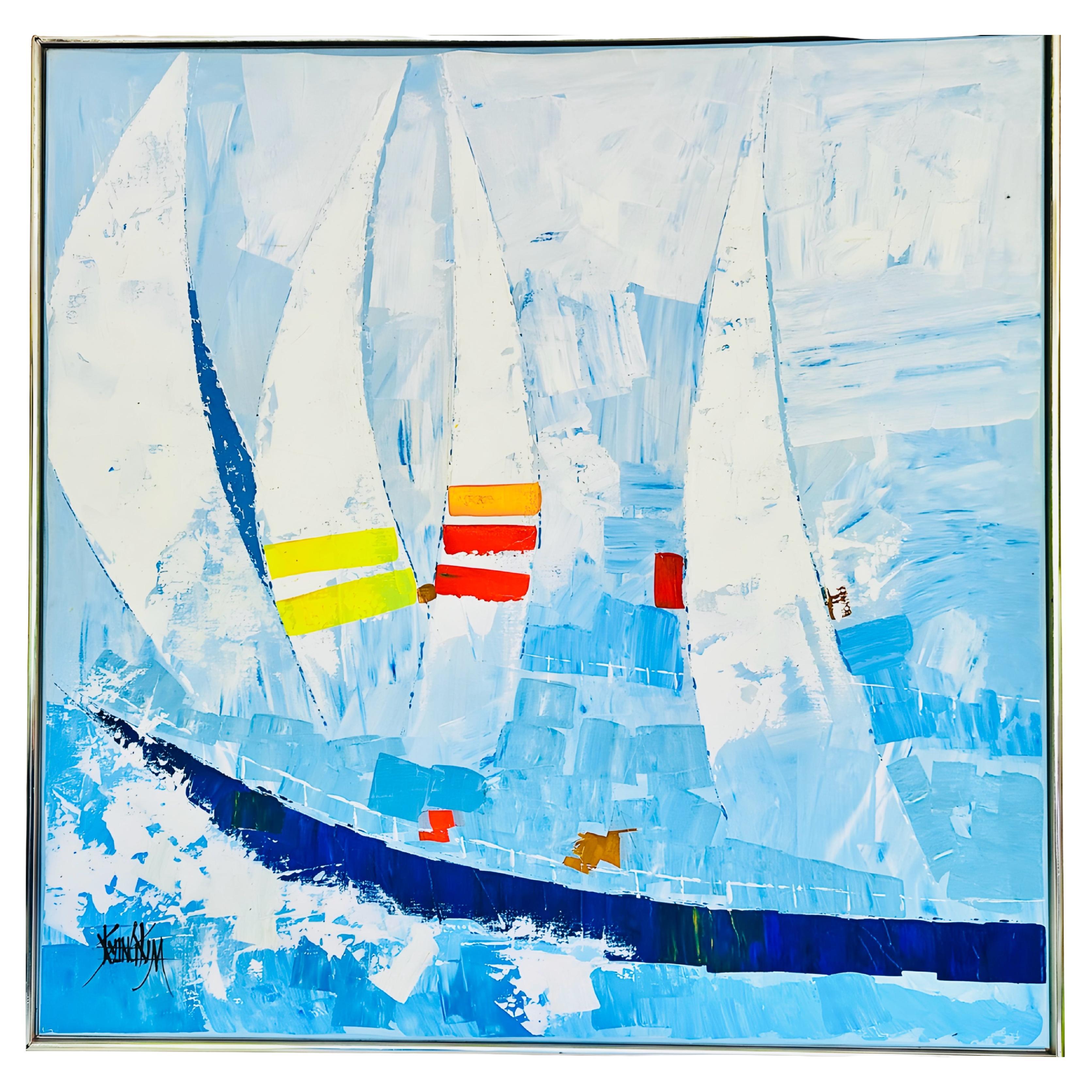Huge Vintage Kyung Kim MCM Abstract Cubist Sailboat Racing Nautical Oil Painting
