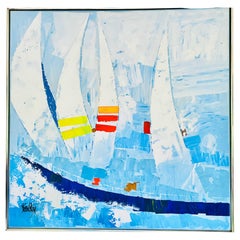 Huge Vintage Kyung Kim MCM Abstract Cubist Sailboat Racing Nautical Oil Painting