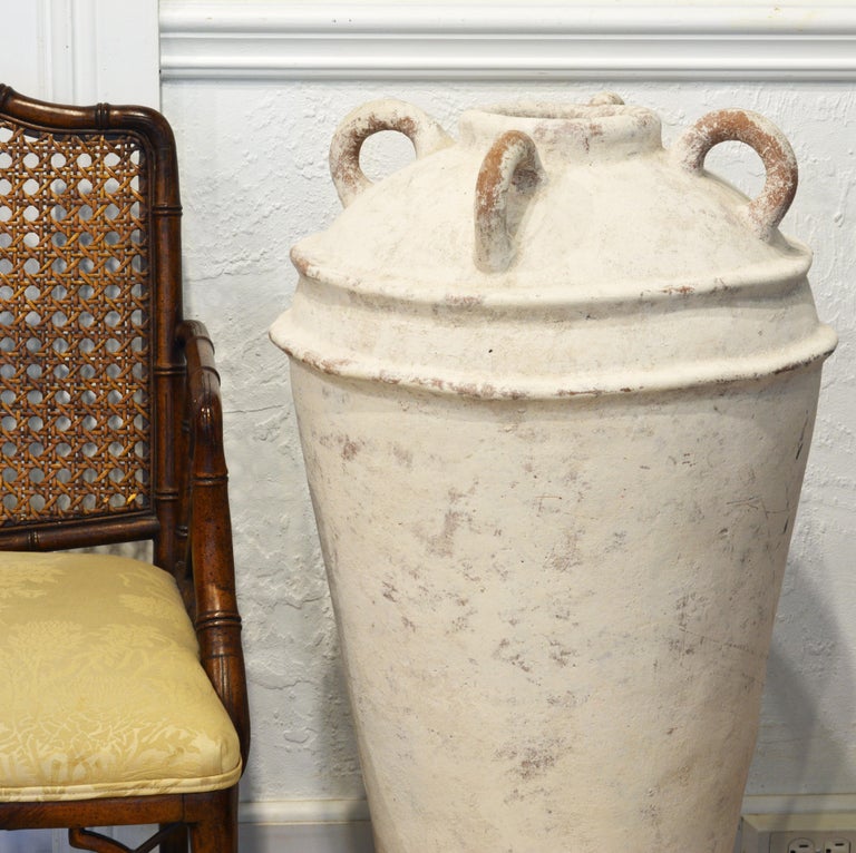 Huge Vintage Mediterranean White Washed Terracotta Four Handle Olive