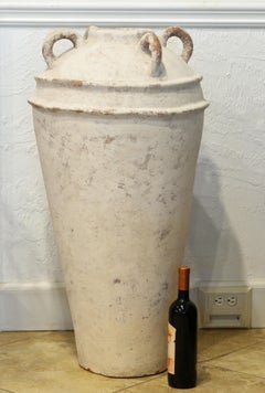 Huge Vintage Mediterranean White Washed Terracotta Four Handle Olive Jar