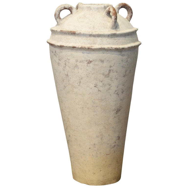 Huge Vintage Mediterranean White Washed Terracotta Four Handle Olive