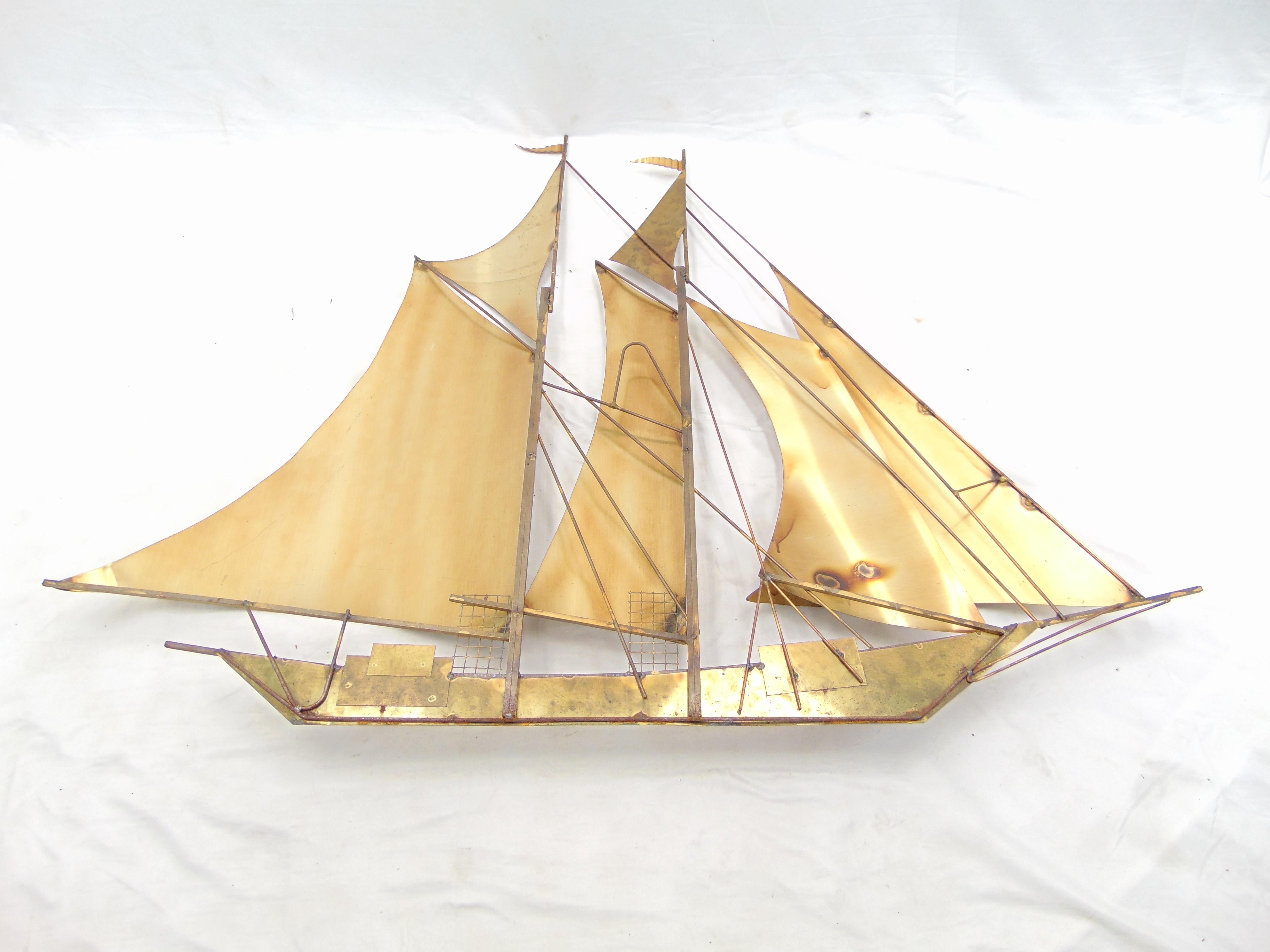 Huge Vintage Midcentury Brass Sailboat Wall Art by Wiley For Sale 2