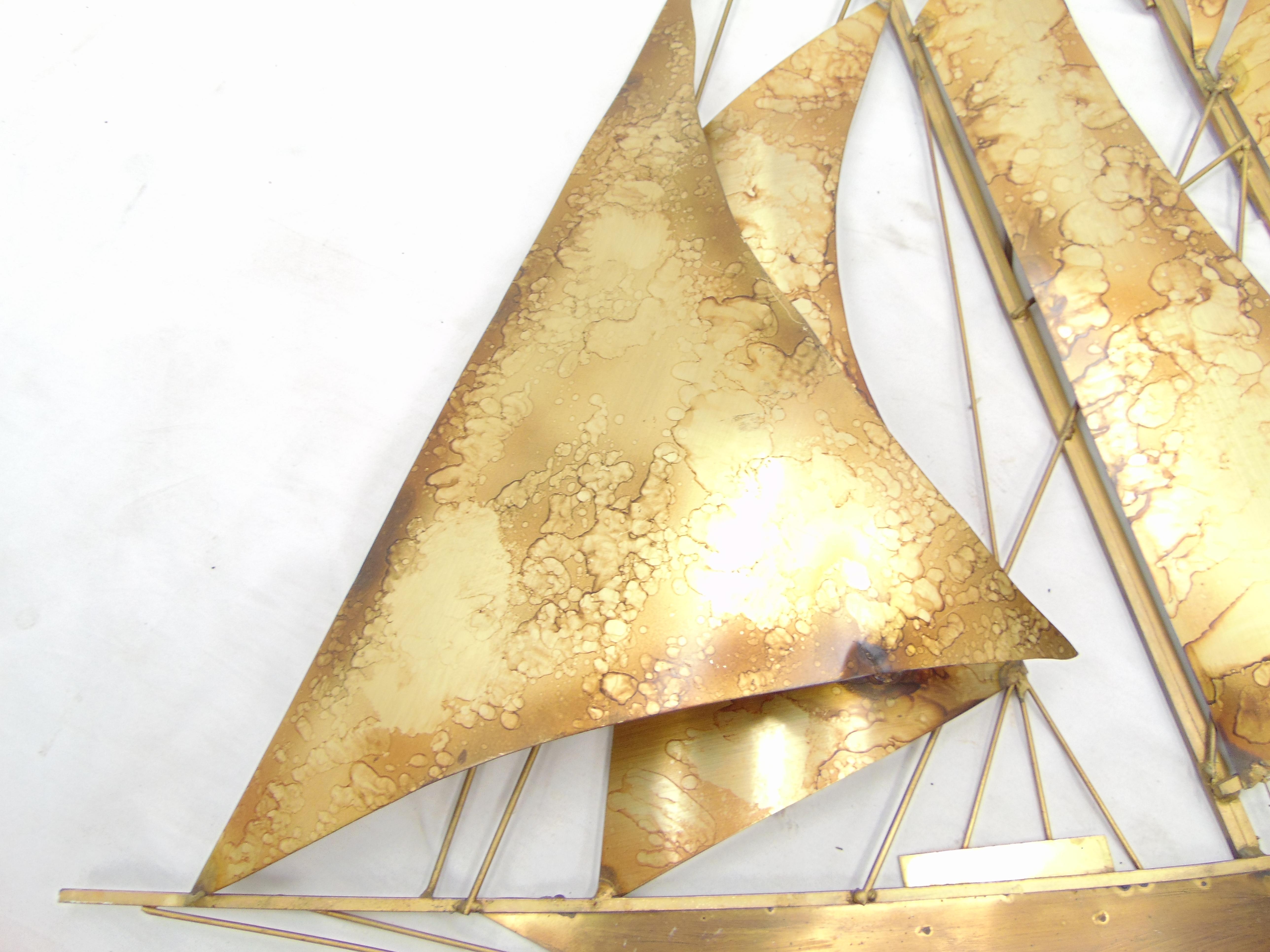 Mid-Century Modern Huge Vintage Midcentury Brass Sailboat Wall Art by Wiley For Sale
