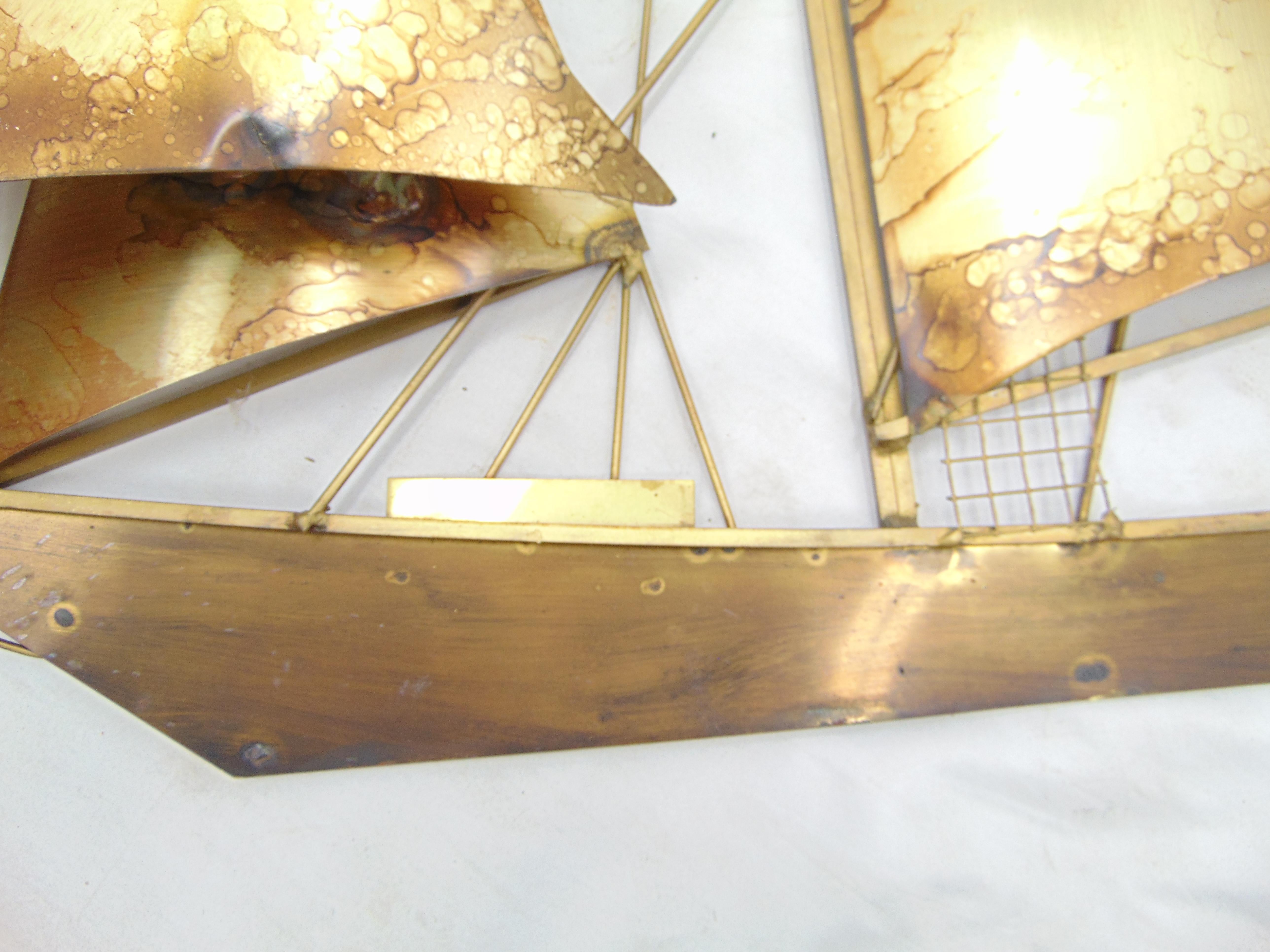 Mid-20th Century Huge Vintage Midcentury Brass Sailboat Wall Art by Wiley For Sale