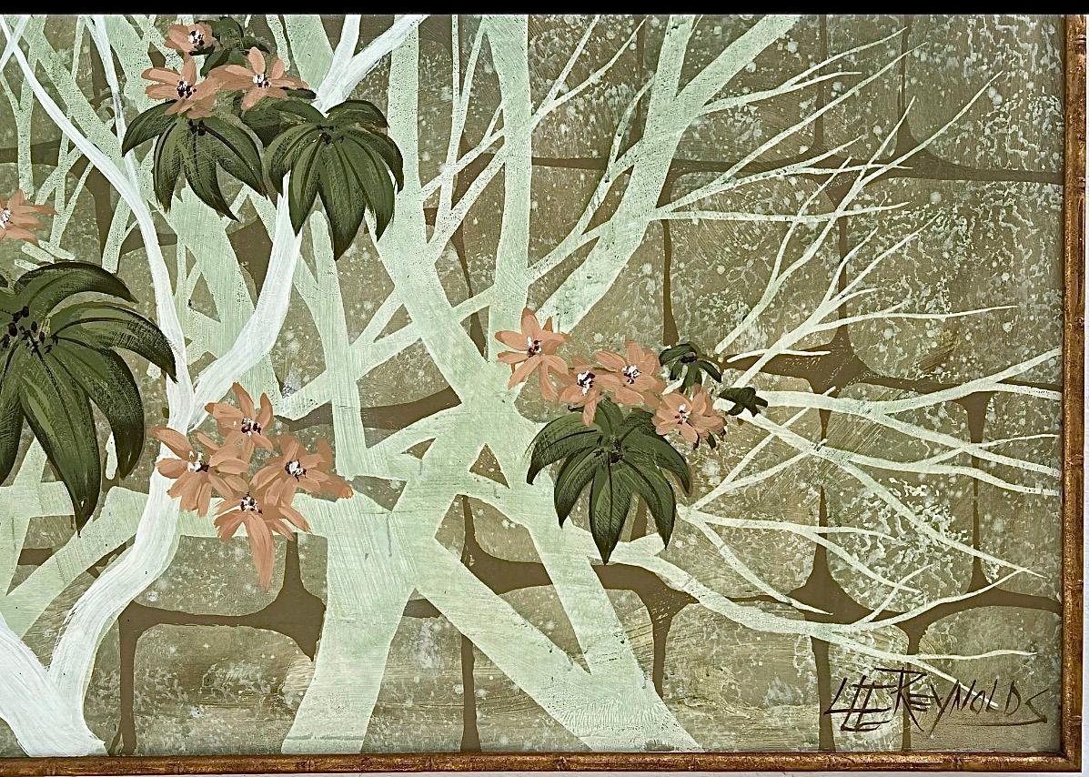 Tela Enorme dipinto ad olio asiatico della metà del secolo scorso di Lee Reynolds con cornice in finto bambù dorato in vendita