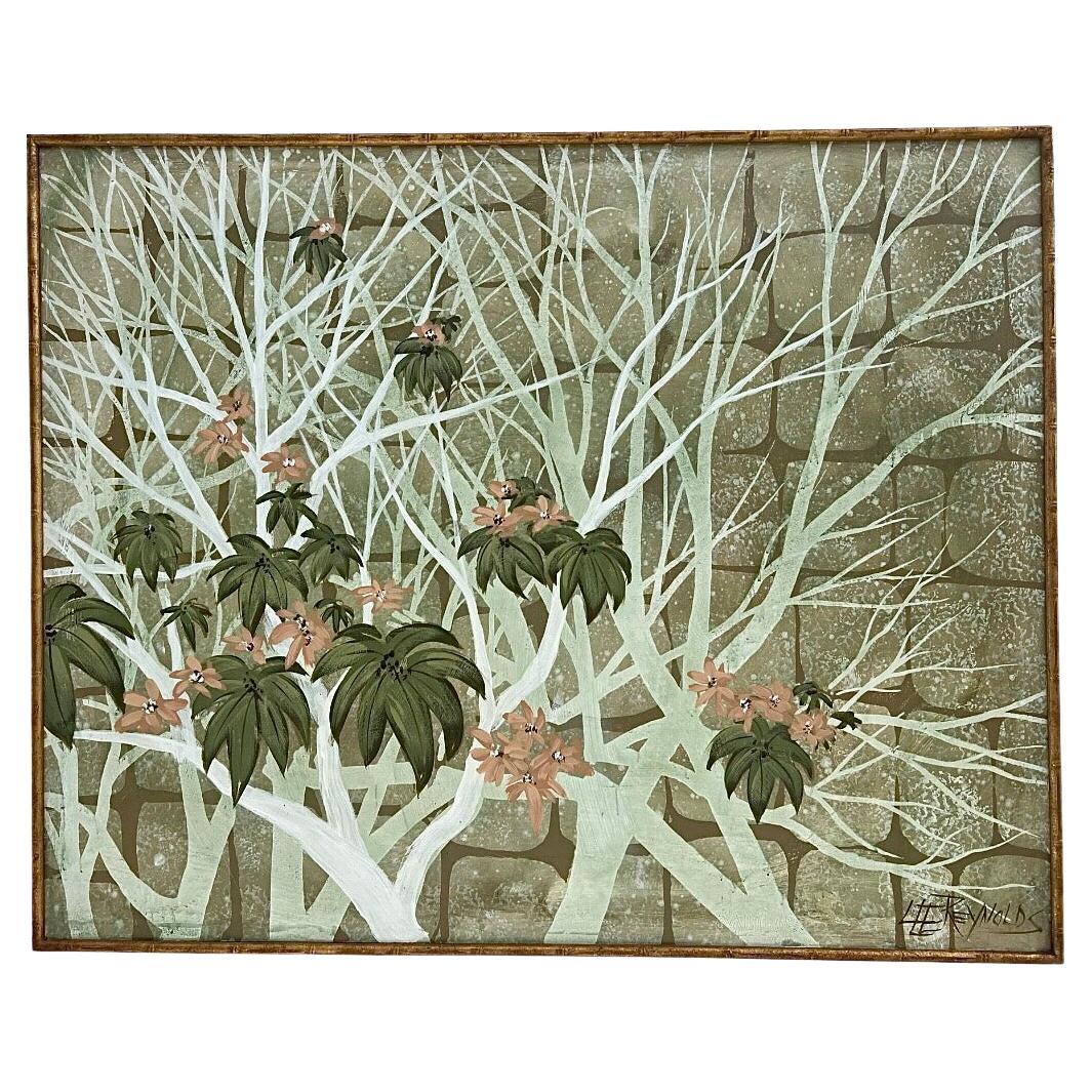 Huge Vintage Mid Century Lee Reynolds Asian Oil Painting Faux Gold Bamboo Frame