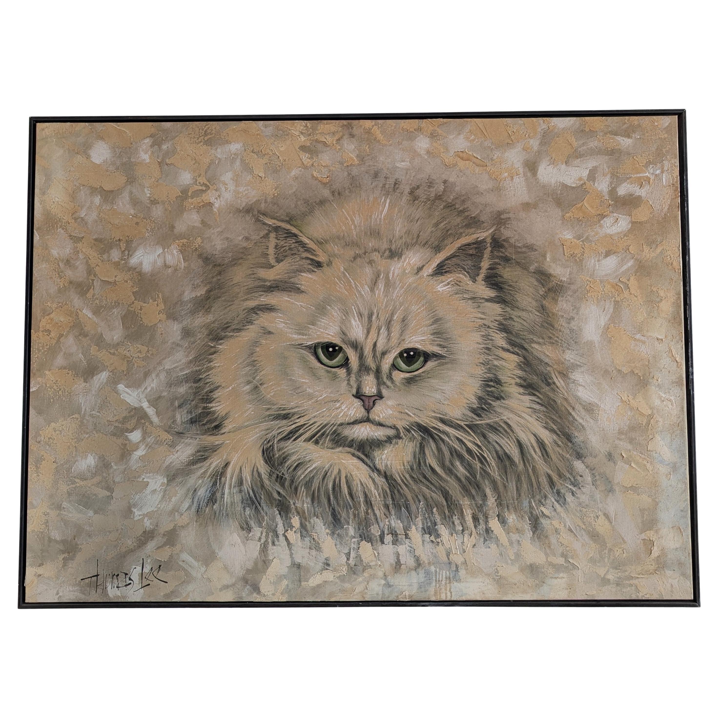 Huge vintage midcentury painting of a Persian cat, by Thomas Lee, USA 1970s