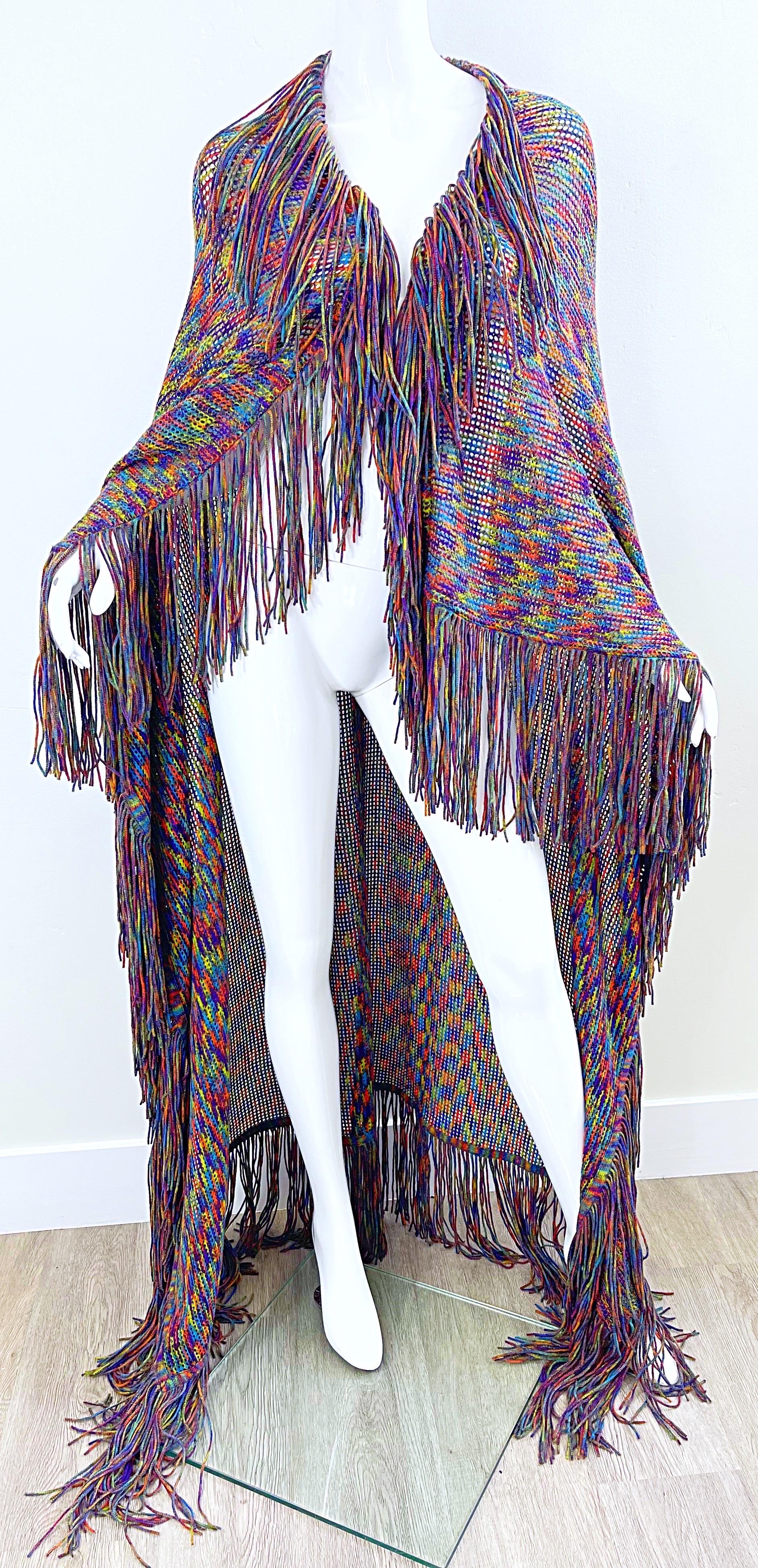 Huge Vintage Missoni 90s Colorful Knit Fringe Zig Zag Oversized Cape Piano Shawl For Sale 4