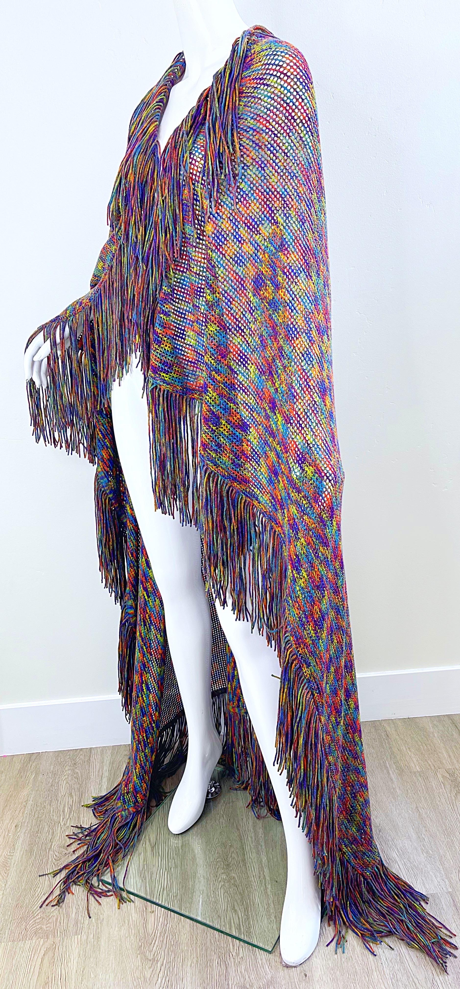 Huge Vintage Missoni 90s Colorful Knit Fringe Zig Zag Oversized Cape Piano Shawl For Sale 5