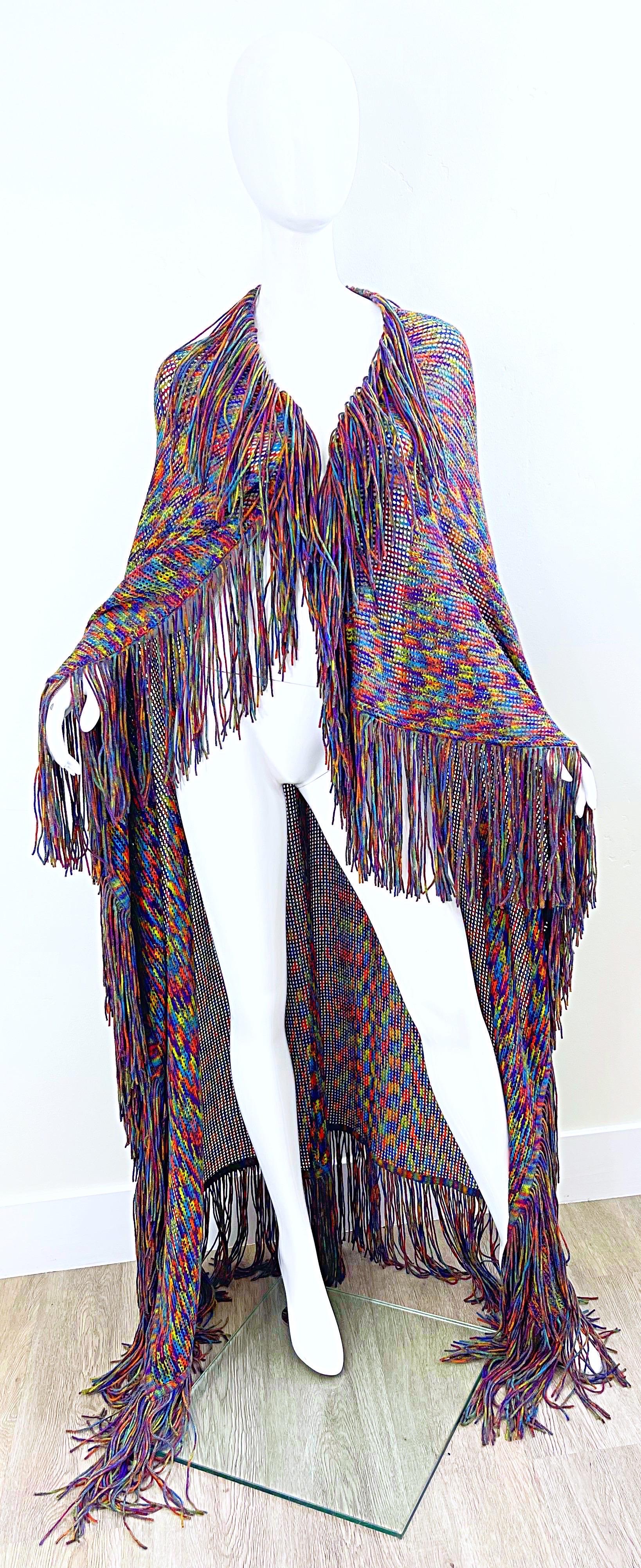 Huge Vintage Missoni 90s Colorful Knit Fringe Zig Zag Oversized Cape Piano Shawl For Sale 7