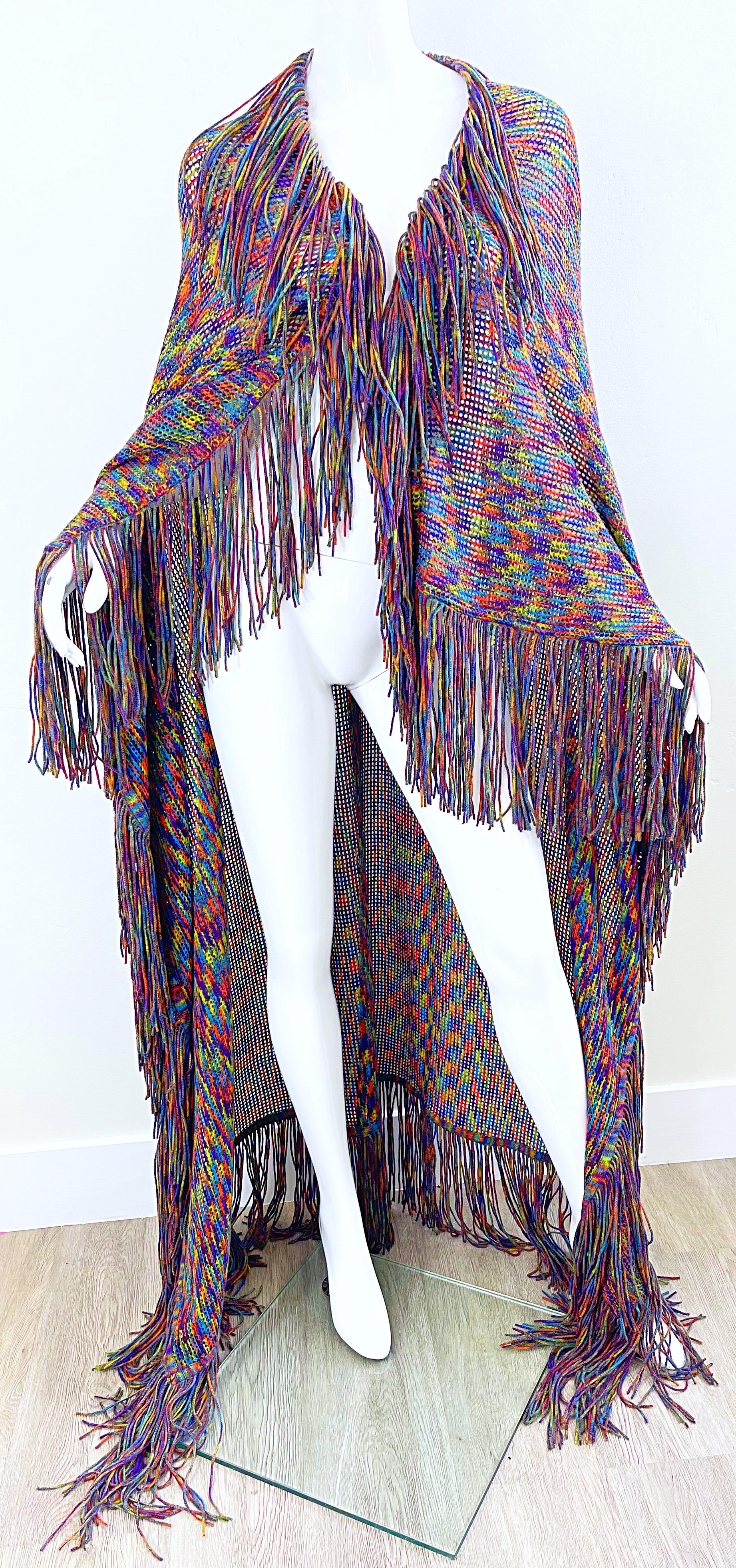 Huge Vintage Missoni 90s Colorful Knit Fringe Zig Zag Oversized Cape Piano Shawl For Sale 11