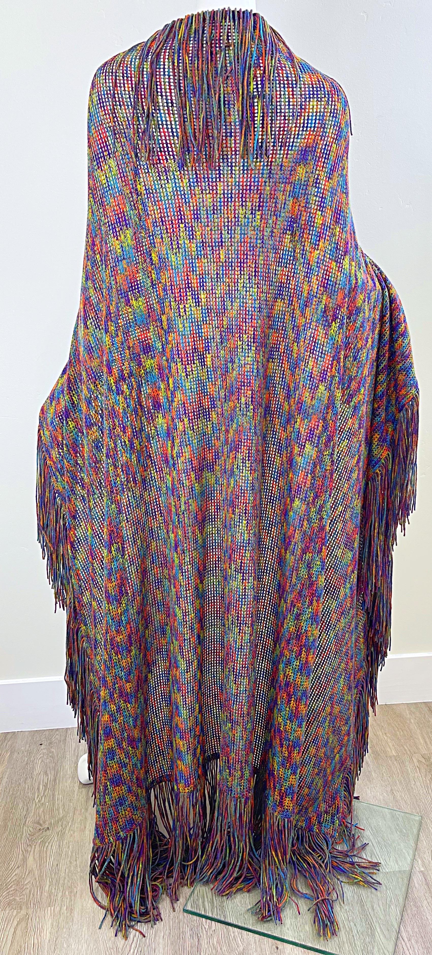 Huge Vintage Missoni 90s Colorful Knit Fringe Zig Zag Oversized Cape Piano Shawl In Excellent Condition For Sale In San Diego, CA