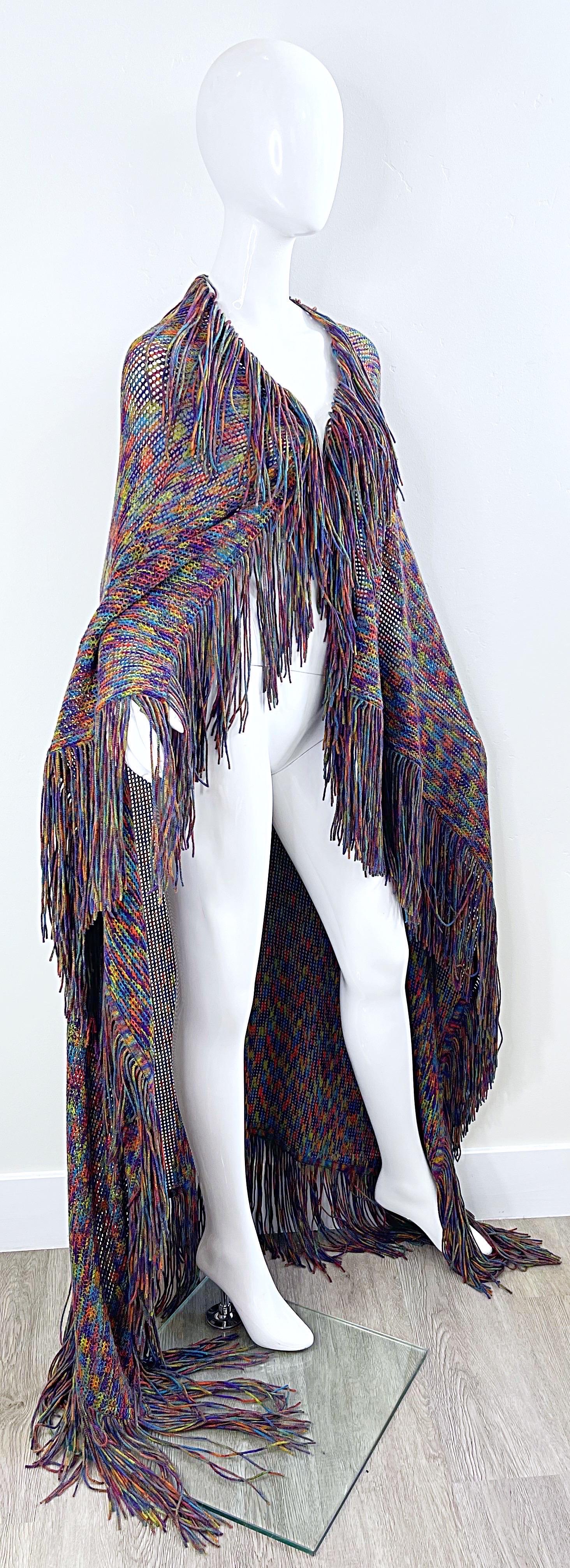 Women's Huge Vintage Missoni 90s Colorful Knit Fringe Zig Zag Oversized Cape Piano Shawl For Sale