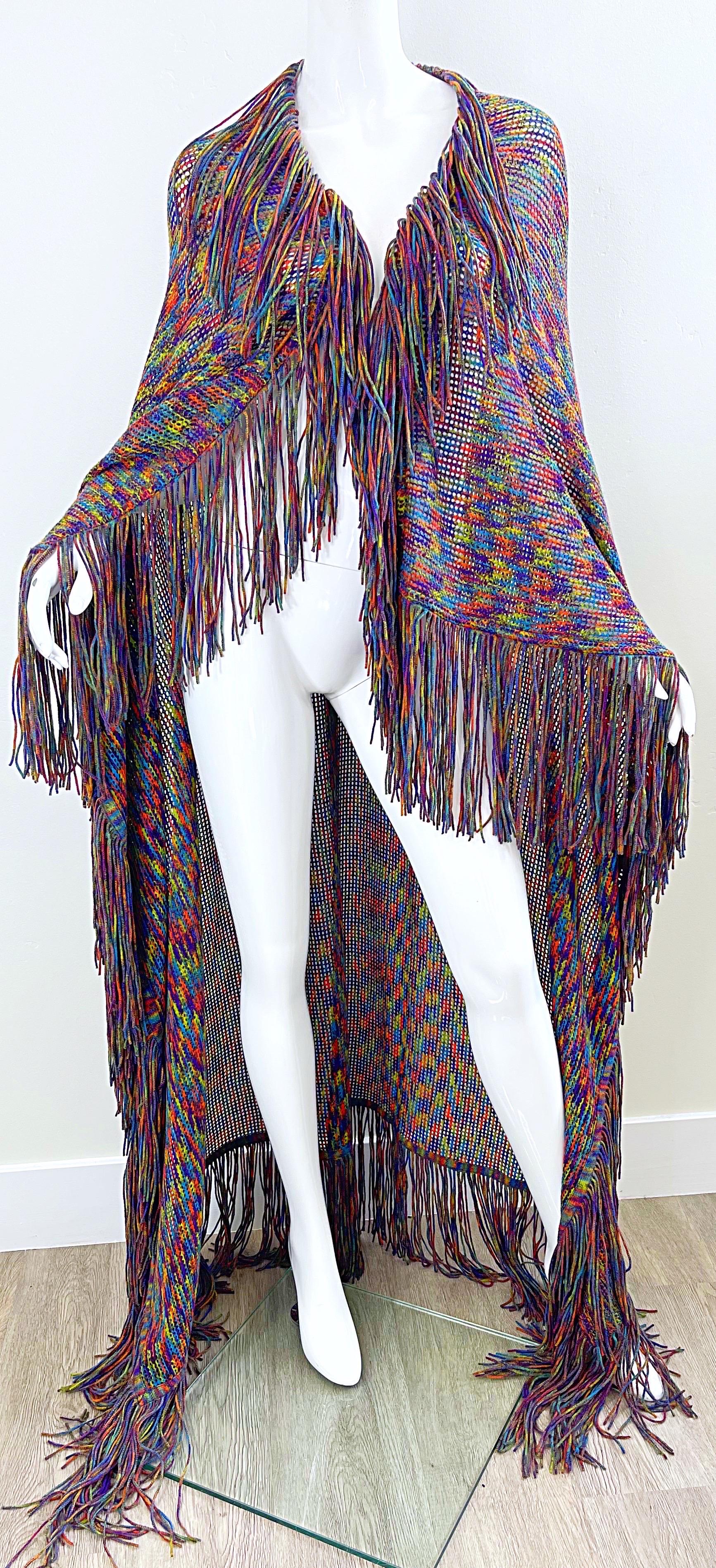 Huge Vintage Missoni 90s Colorful Knit Fringe Zig Zag Oversized Cape Piano Shawl For Sale 1