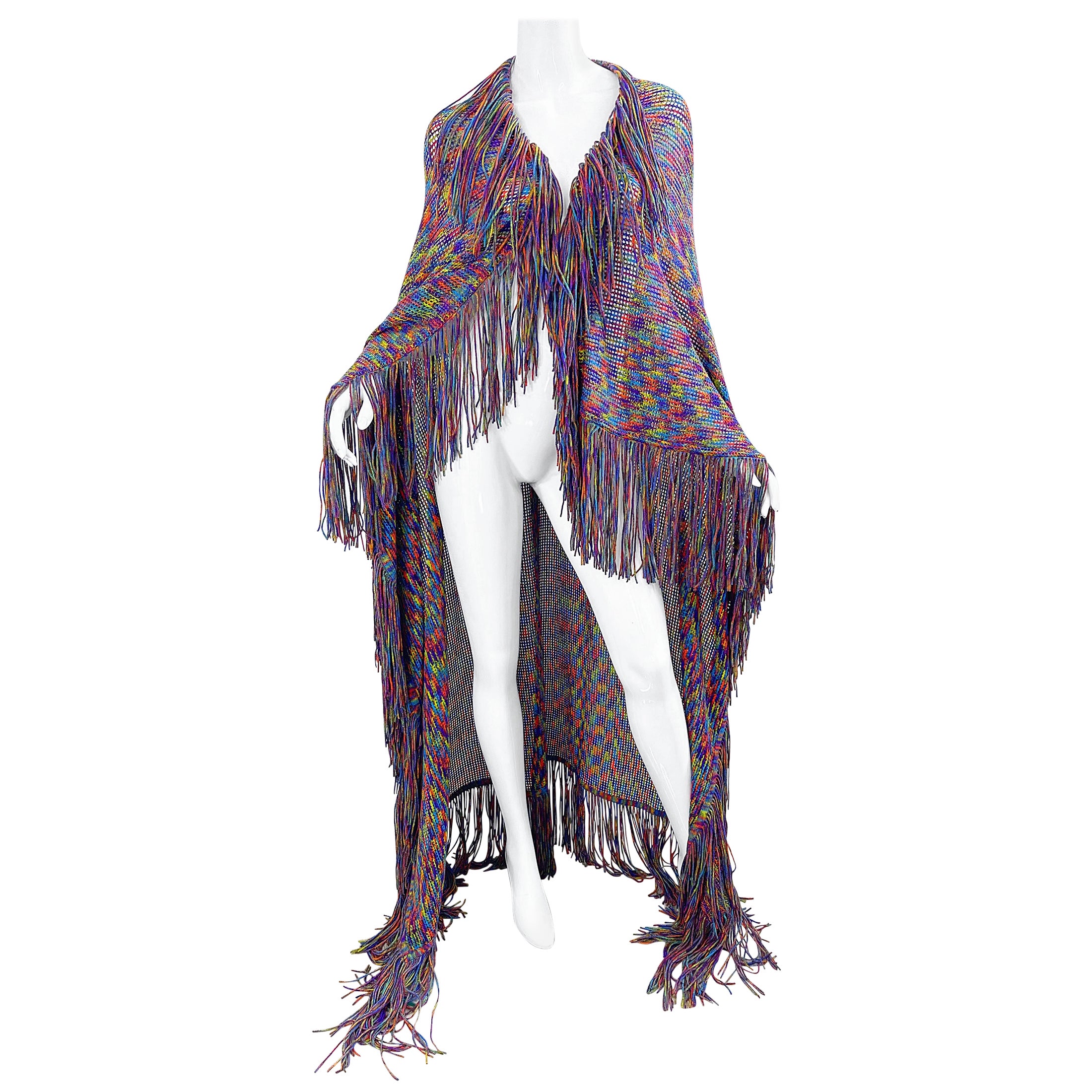 Enorme scialle vintage Missoni anni '90 in maglia colorata, con frange e Zig Zag, con un capo oversize e un pianoforte