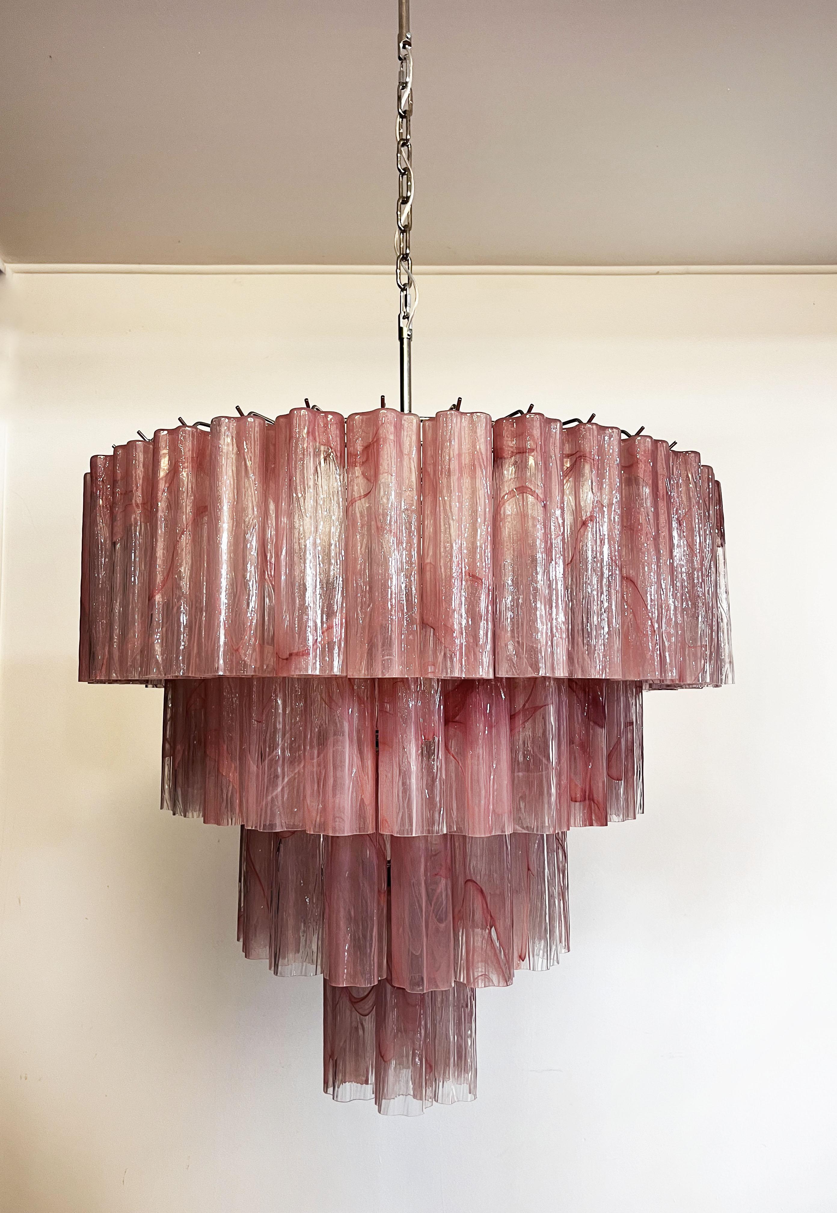 Italian vintage chandelier in Murano glass and nickel plated metal structure on 4 levels. The armor polished nickel supports 78 large albaster pink glass tubes in a star shape. 
Period: Late 20th century
Dimensions: 63 inches (160 cm) height with