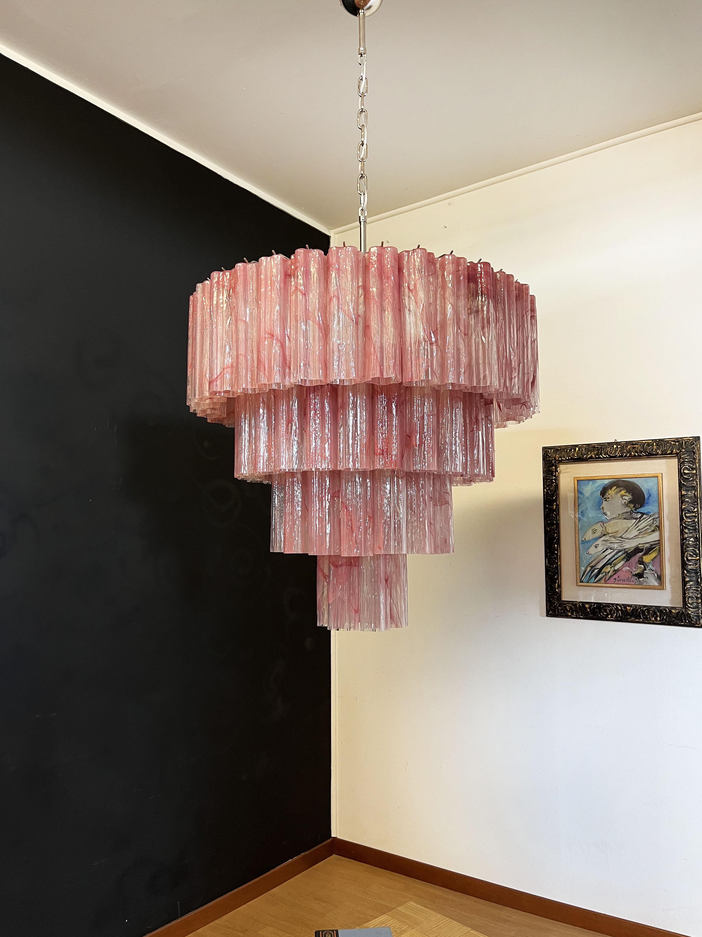 20th Century Huge Vintage Murano Glass Tiered Chandelier, 78 Alabaster Pink Glasses For Sale