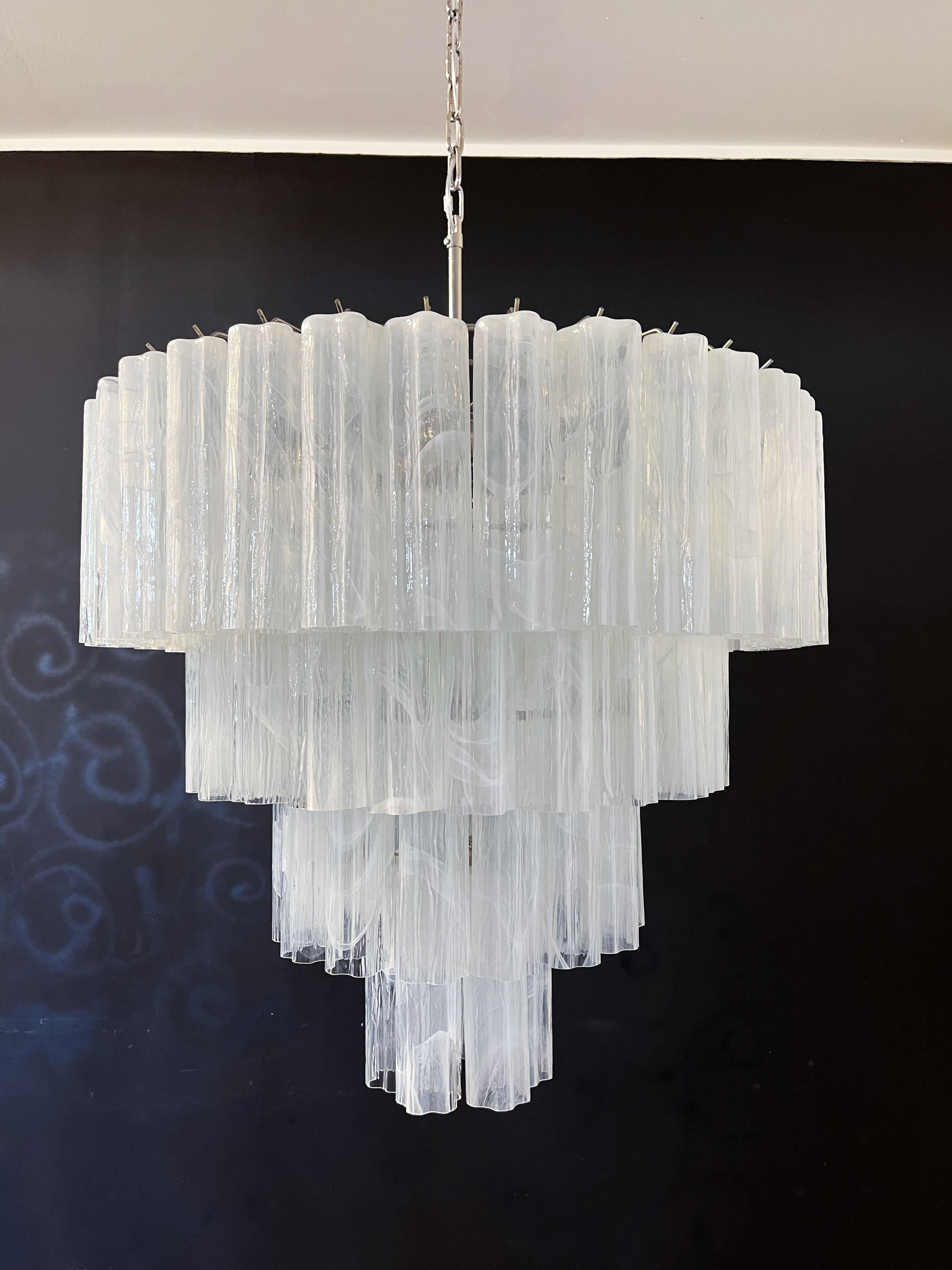 Italian vintage chandelier in Murano glass and nickel plated metal structure on 4 levels. The armor polished nickel supports 78 large albaster white glass tubes in a star shape. 

Period: Late XX century
Dimensions: 63 inches (160 cm) height with