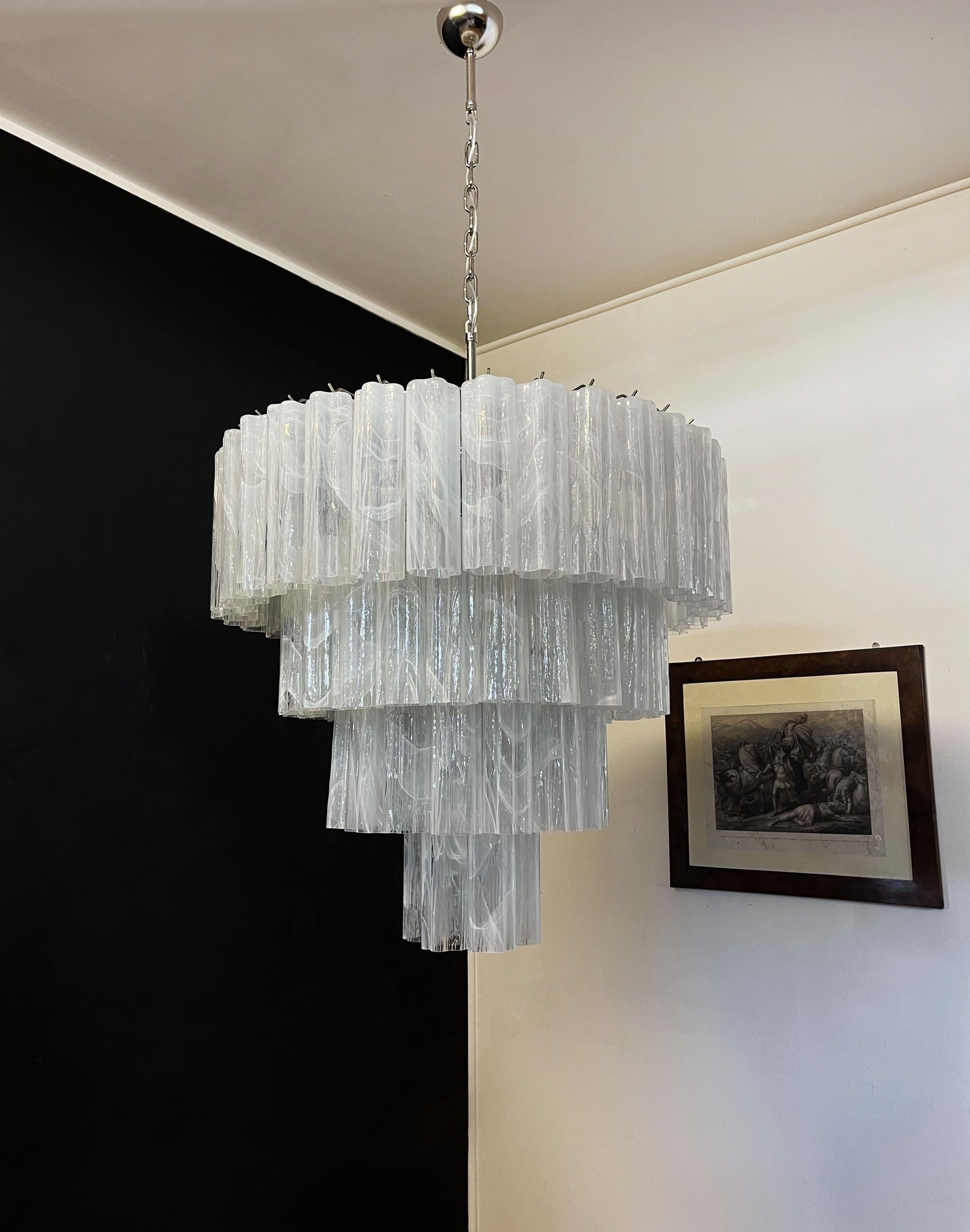 Mid-Century Modern Huge Vintage Murano Glass Tiered Chandelier - 78 ALABASTER WHITE glasses For Sale