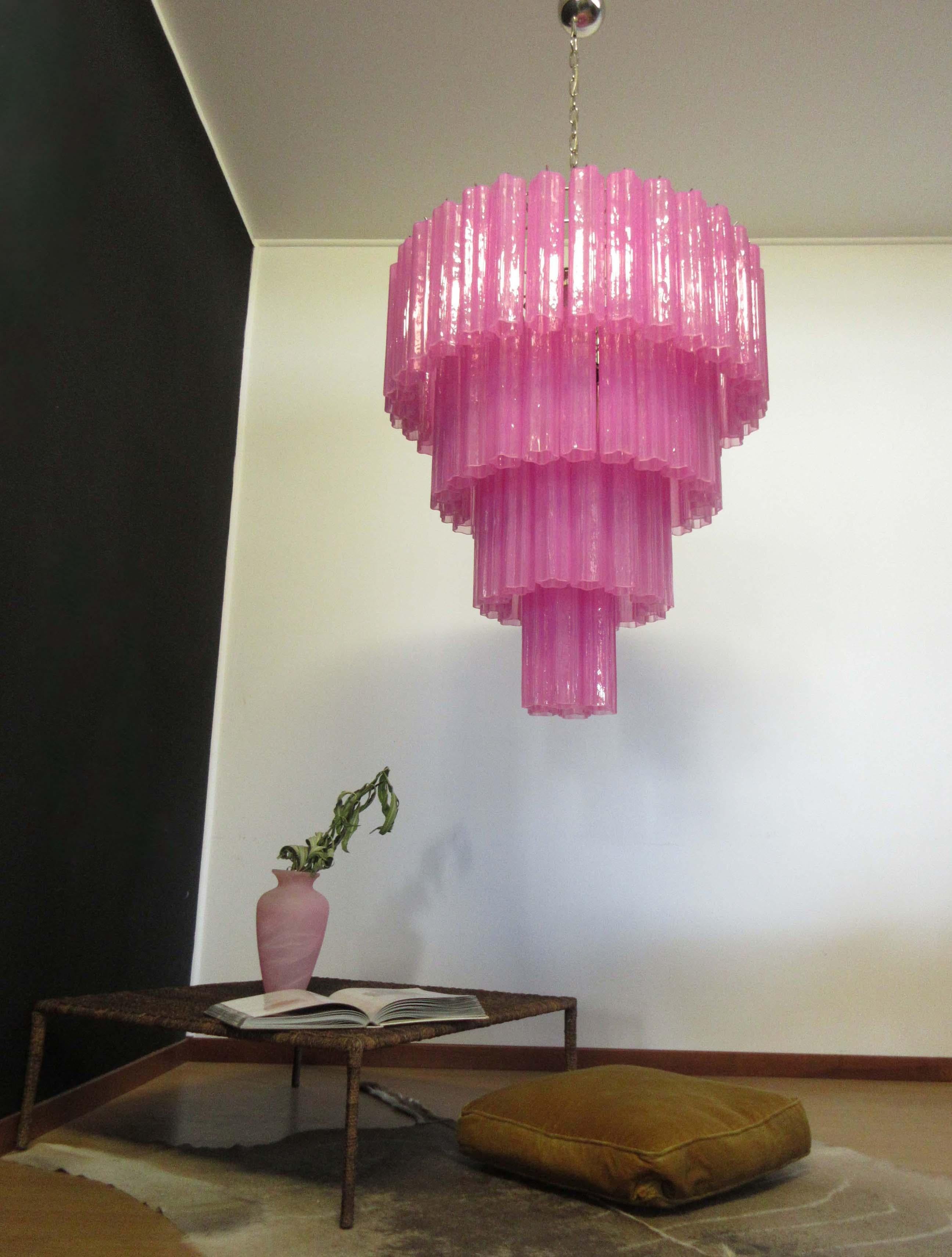Huge Vintage Murano Glass Tiered Chandelier, 78 Glasses, Pink Fuxia Silk For Sale 3