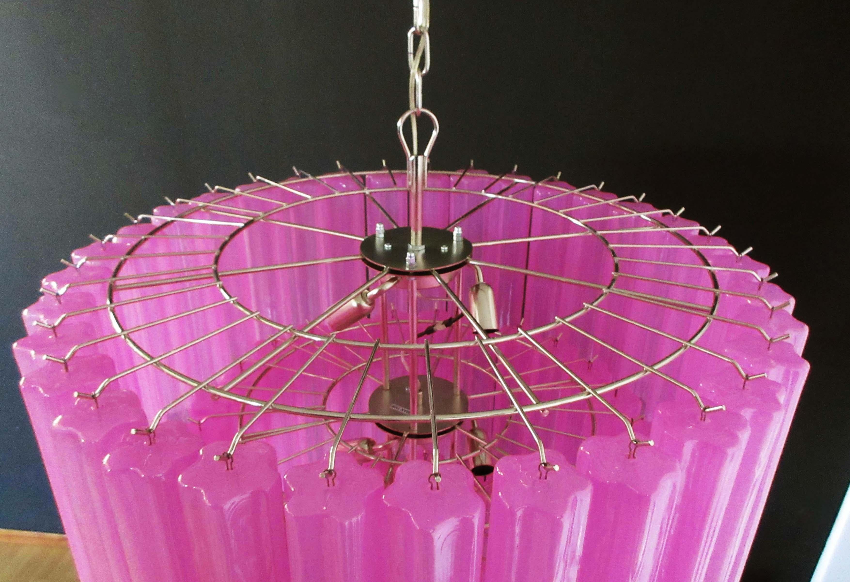 Huge Vintage Murano Glass Tiered Chandelier - 78 Glasses - Pink Fuxia Silk 5