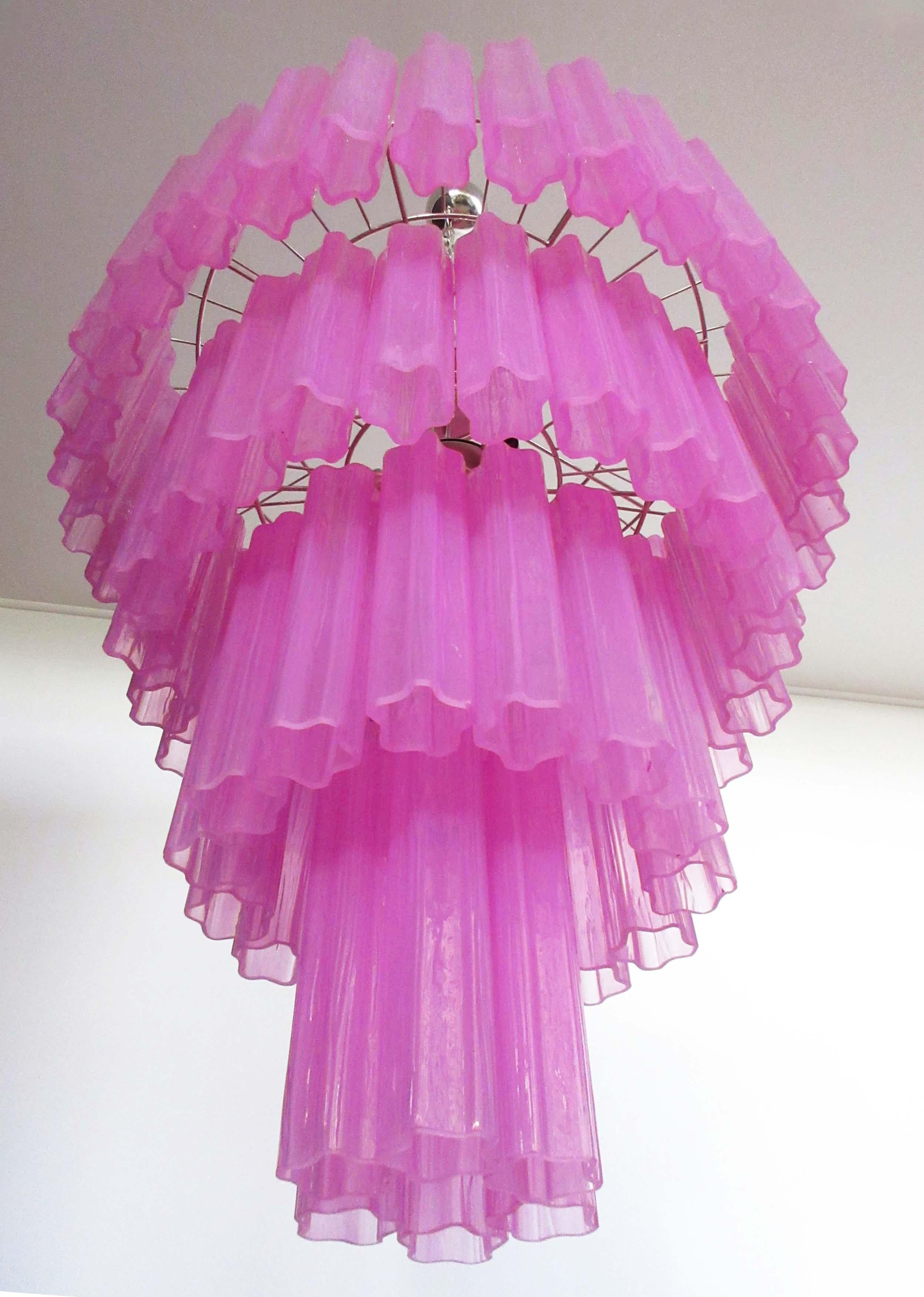 Huge Vintage Murano Glass Tiered Chandelier, 78 Glasses, Pink Fuxia Silk For Sale 10