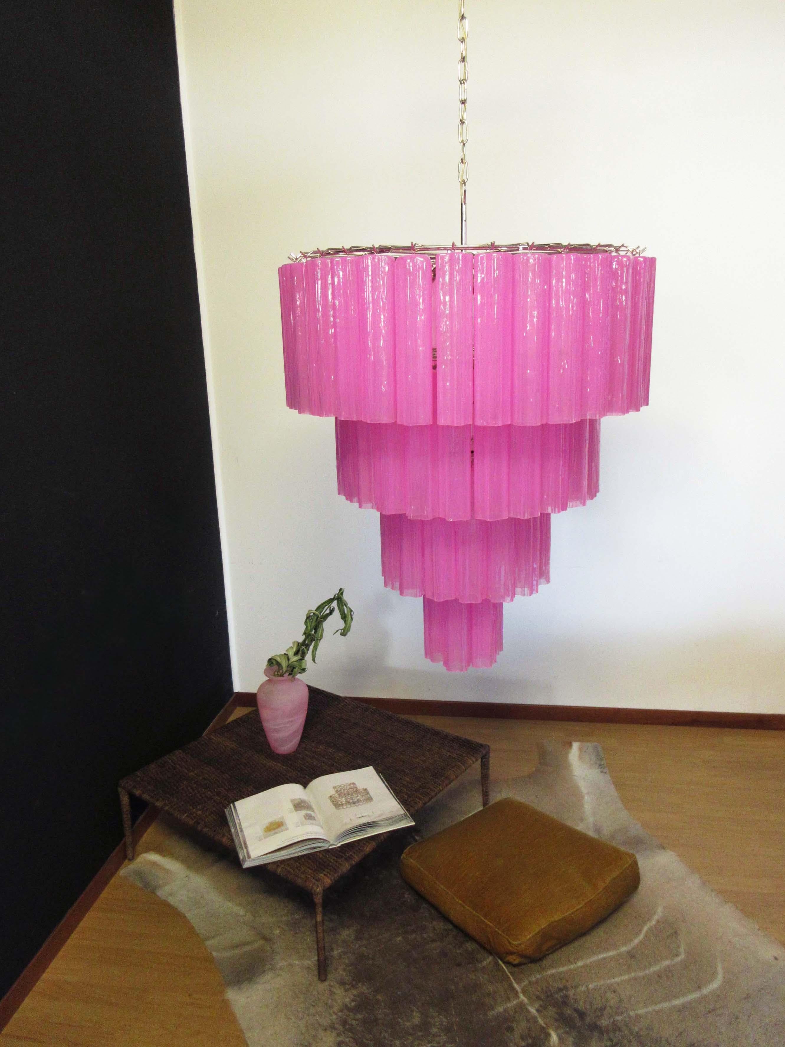 Mid-Century Modern Huge Vintage Murano Glass Tiered Chandelier, 78 Glasses, Pink Fuxia Silk For Sale