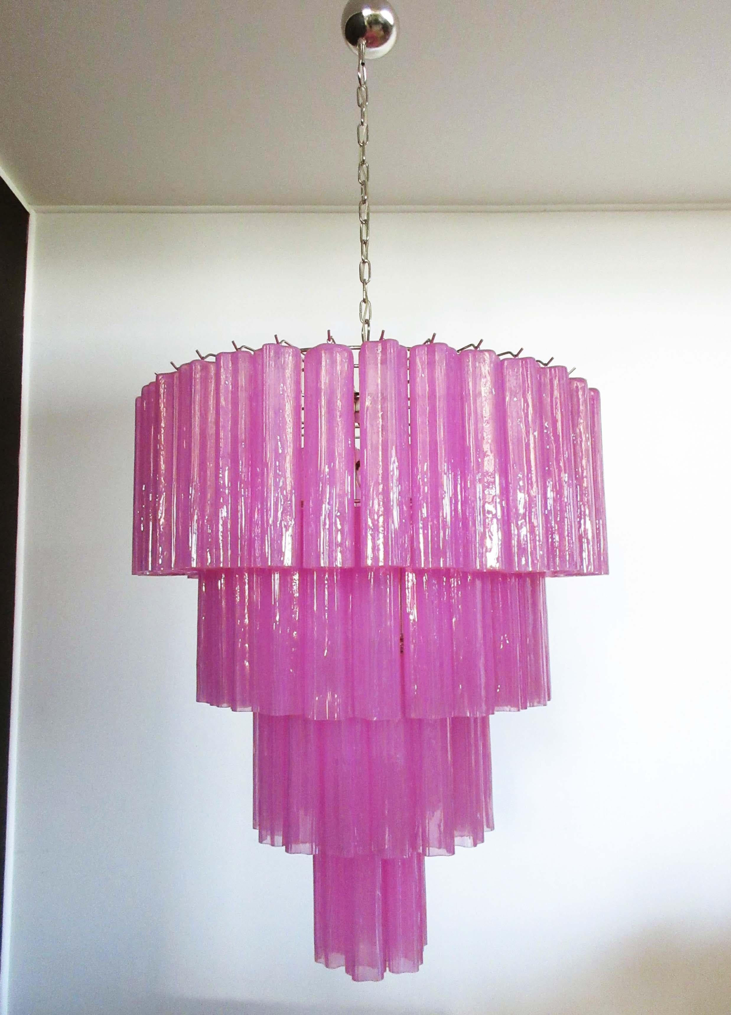 Late 20th Century Huge Vintage Murano Glass Tiered Chandelier, 78 Glasses, Pink Fuxia Silk For Sale