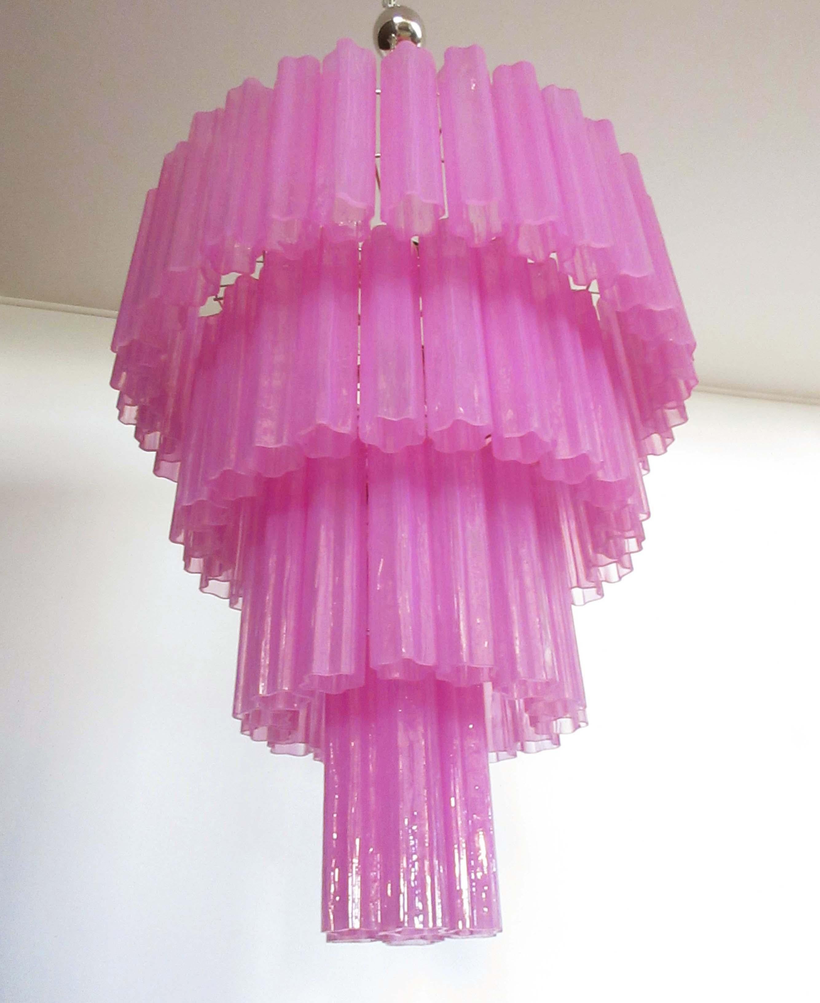 Huge Vintage Murano Glass Tiered Chandelier, 78 Glasses, Pink Fuxia Silk For Sale 1