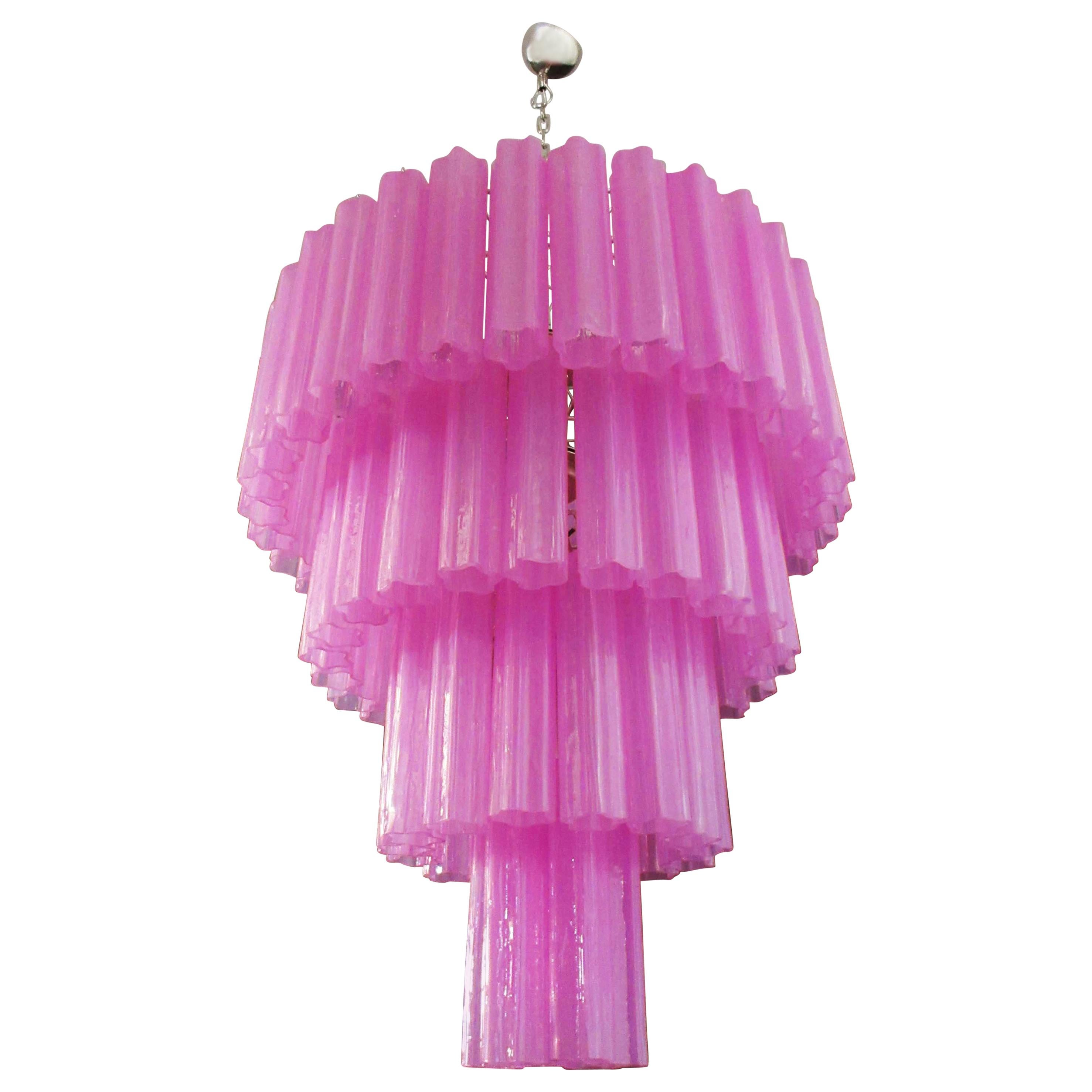 Huge Vintage Murano Glass Tiered Chandelier - 78 Glasses - Pink Fuxia Silk