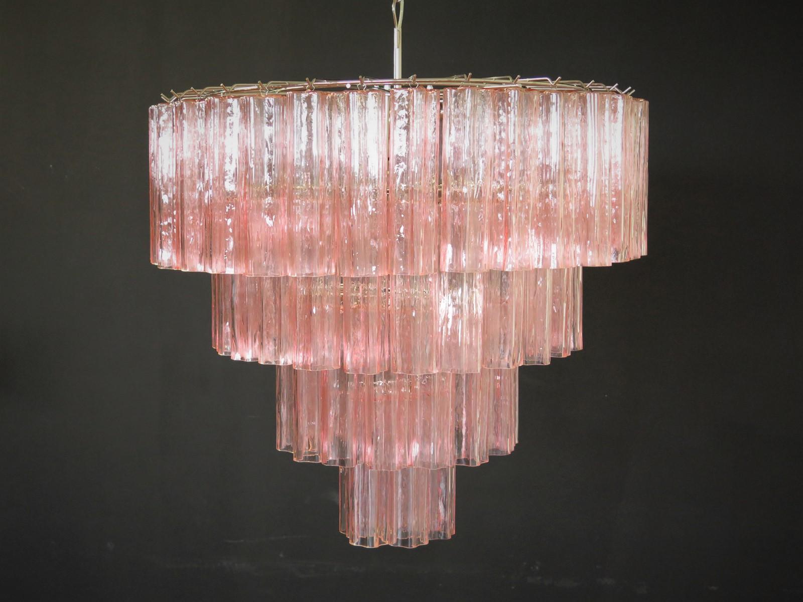 Italian vintage chandelier in Murano glass and nickel plated metal structure on 4 levels. The armor polished nickel supports 78 large PINK glass tubes in a star shape.
Period:	Late XX century
Dimensions:	63 inches (160 cm) height with chain; 35,45
