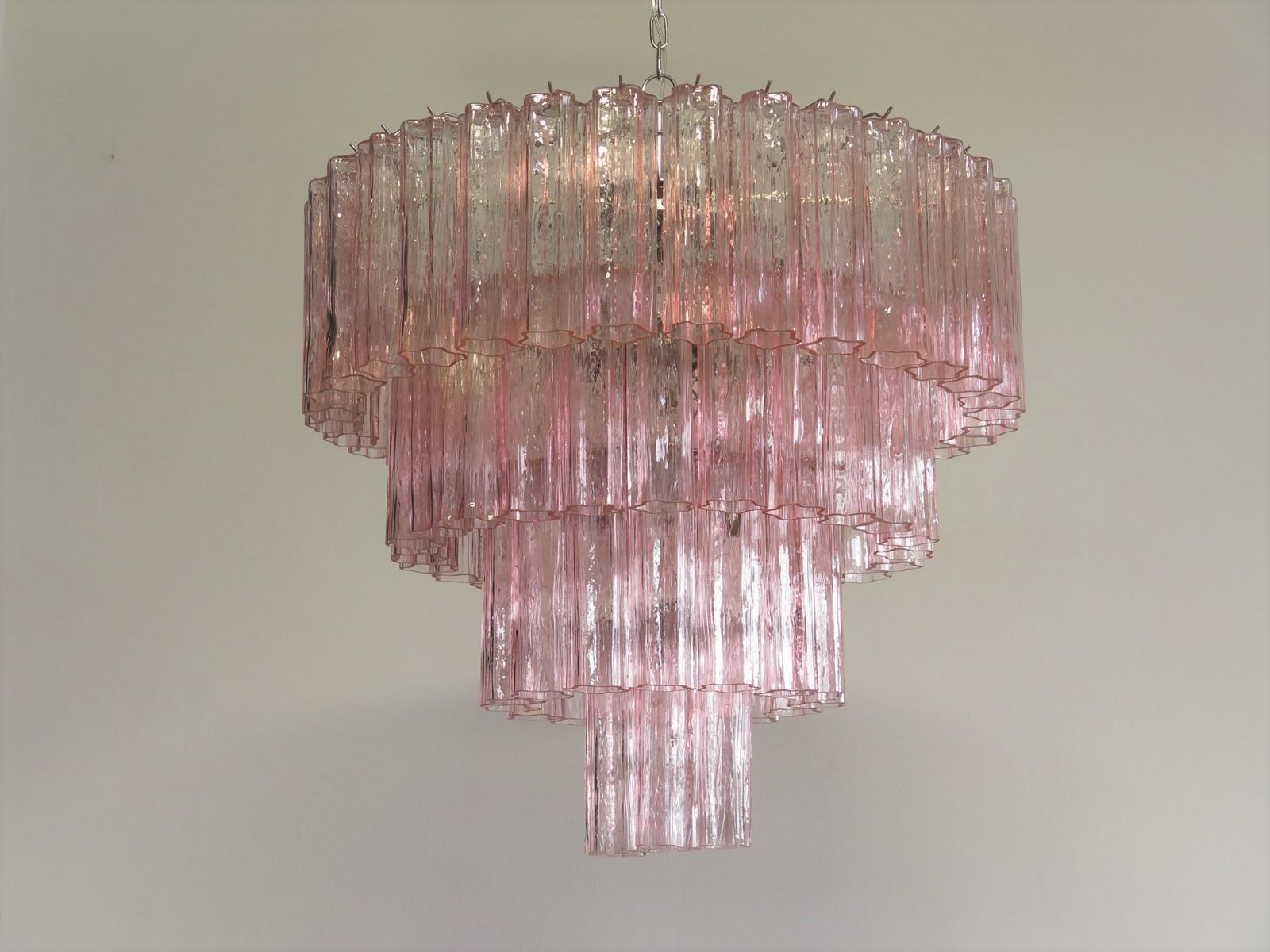 Mid-Century Modern Huge Vintage Murano Glass Tiered Chandelier, 78 Pink Glasses