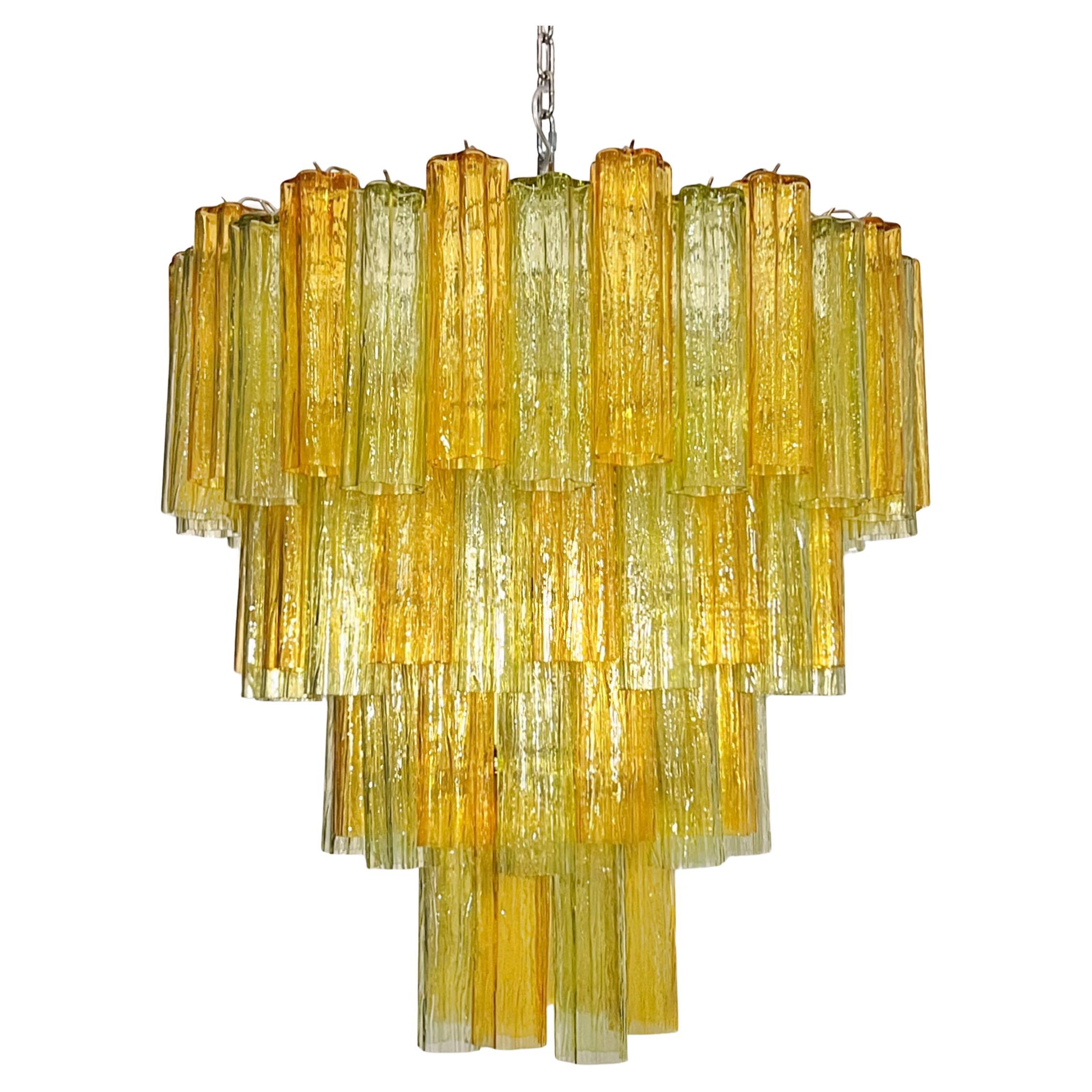 Grand lustre vintage en verre de Murano - 80 verres - vert et ambre