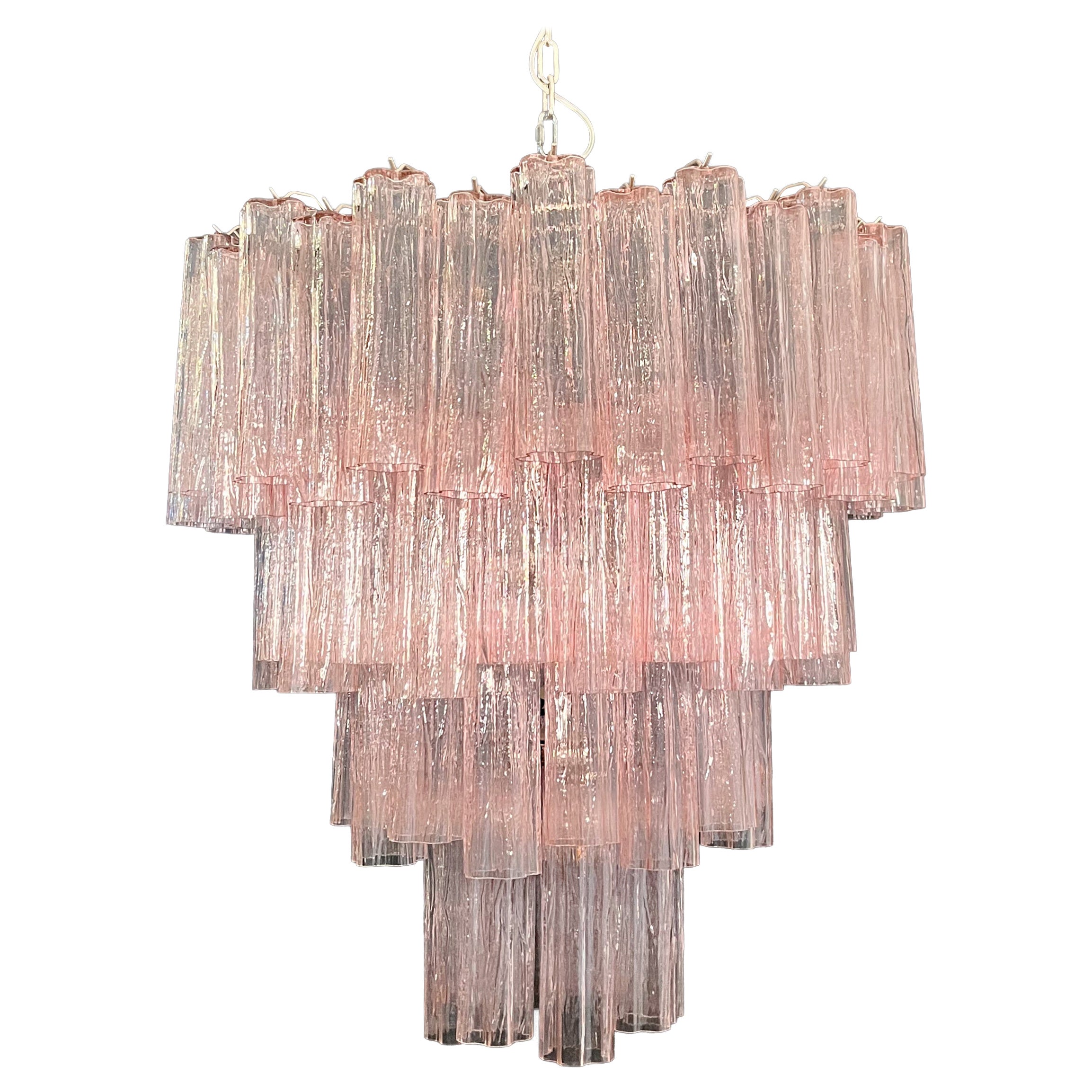 Riesiger gestufter Vintage Murano Glas Kronleuchter - 80 Gläser - rosa Glasröhre