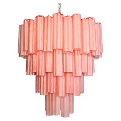 Riesiger gestufter Vintage Murano Glas Kronleuchter - 80 rosa geätzte Glasröhren